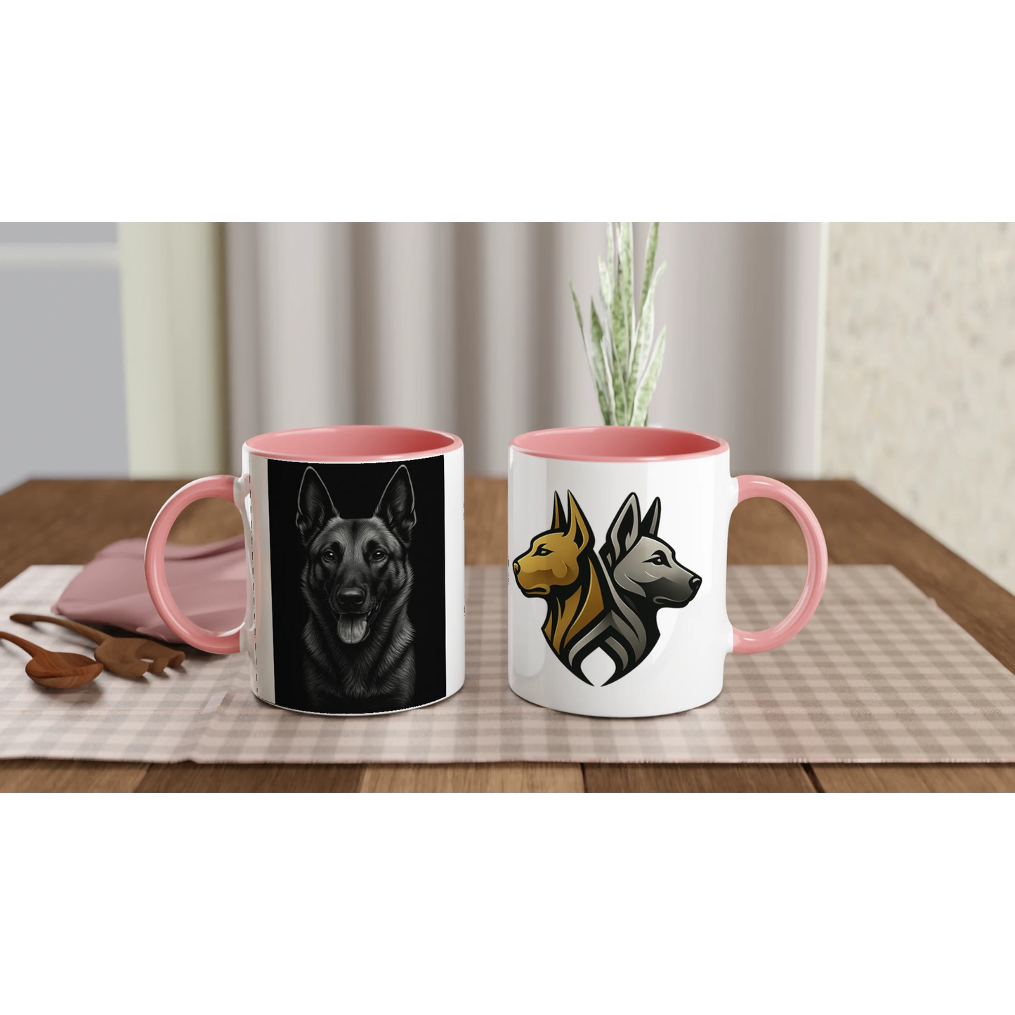 Mug céramique blanche 325 ml (11 oz) intérieur coloré rose-tête Malinois fond noir