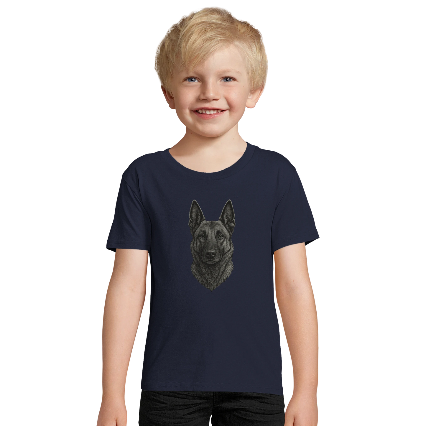 Marque MolossDesign | T-shirt enfant coton bio ajusté tête Malinois argentée1 avec logo sur le dos MolossDesign