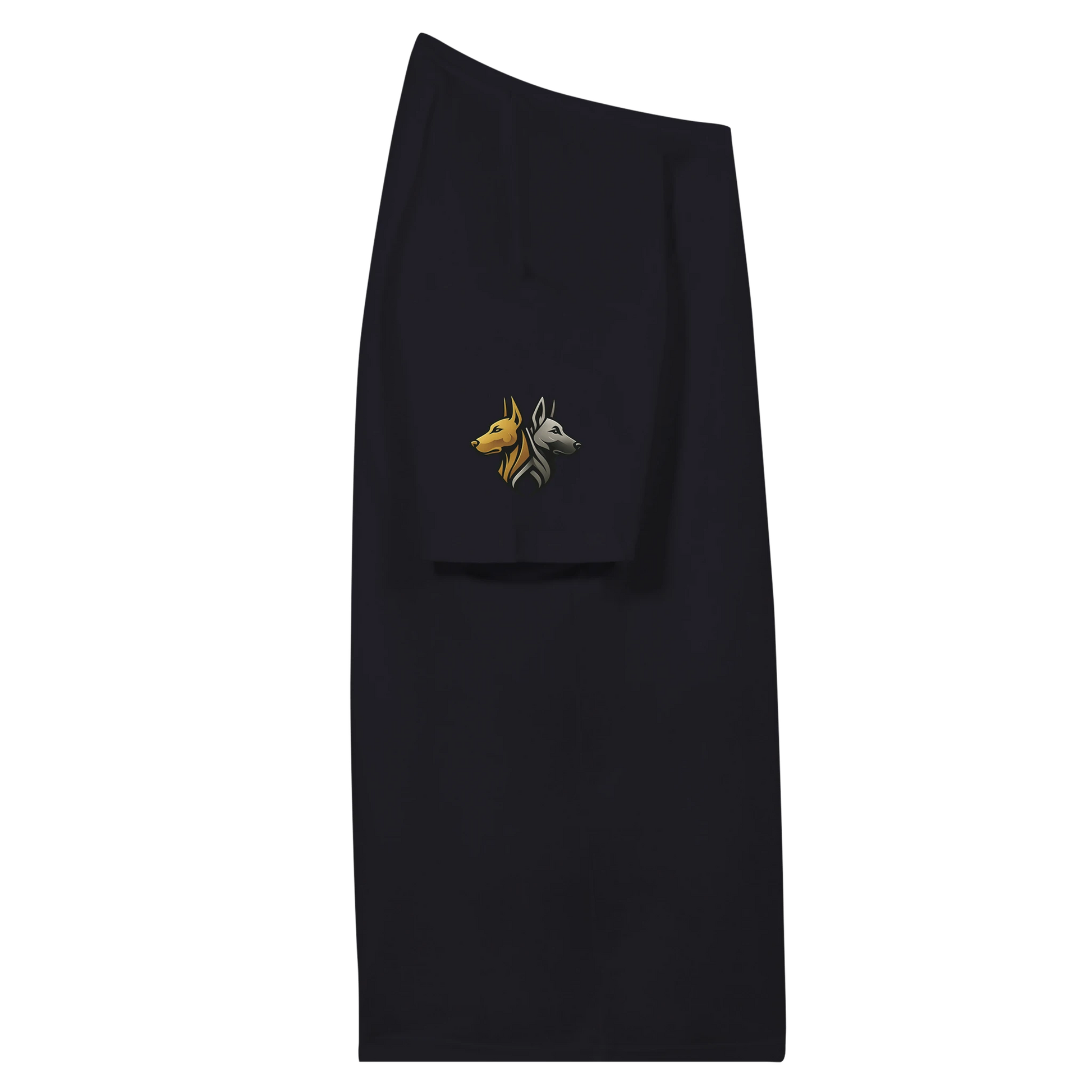 Marque MolossDesign | T-shirt unisexe premium col en V Dobermann doré assis2 avec logo sur manche droite MolossDesign