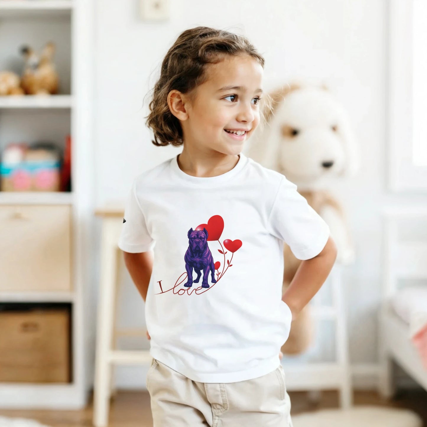 T-shirt enfant unisexe classique ras du cou blanc I love Cane Corso