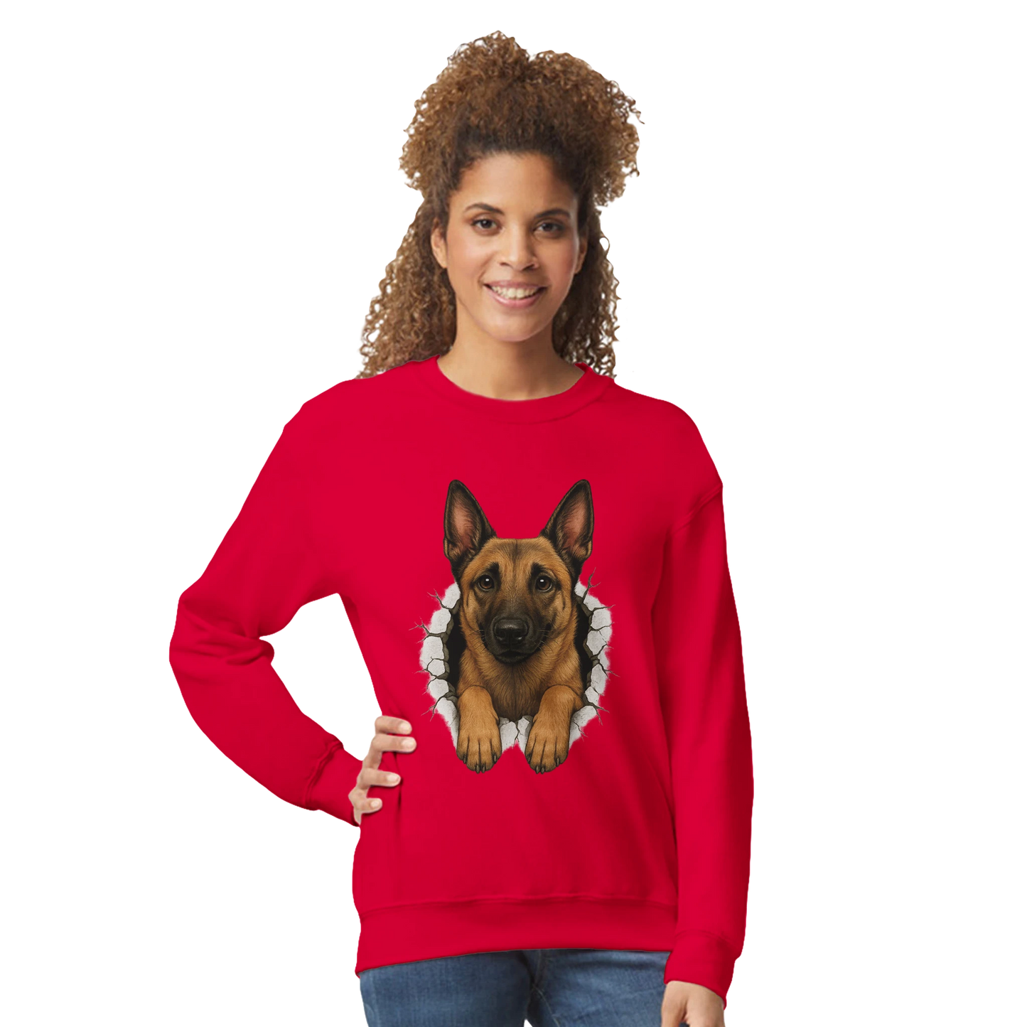 Sweat-shirt adulte unisexe classique ras du cou rouge Malinois trou mur