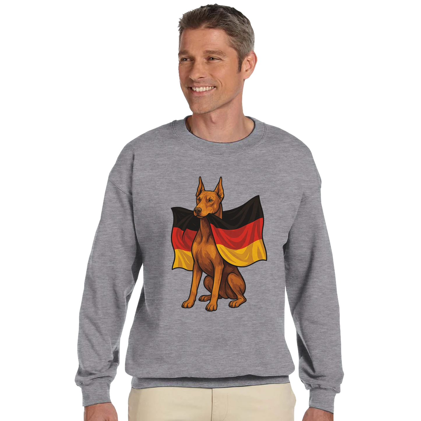 Sweat-shirt adulte unisexe classique ras du cou gris Dobermann+drapeau