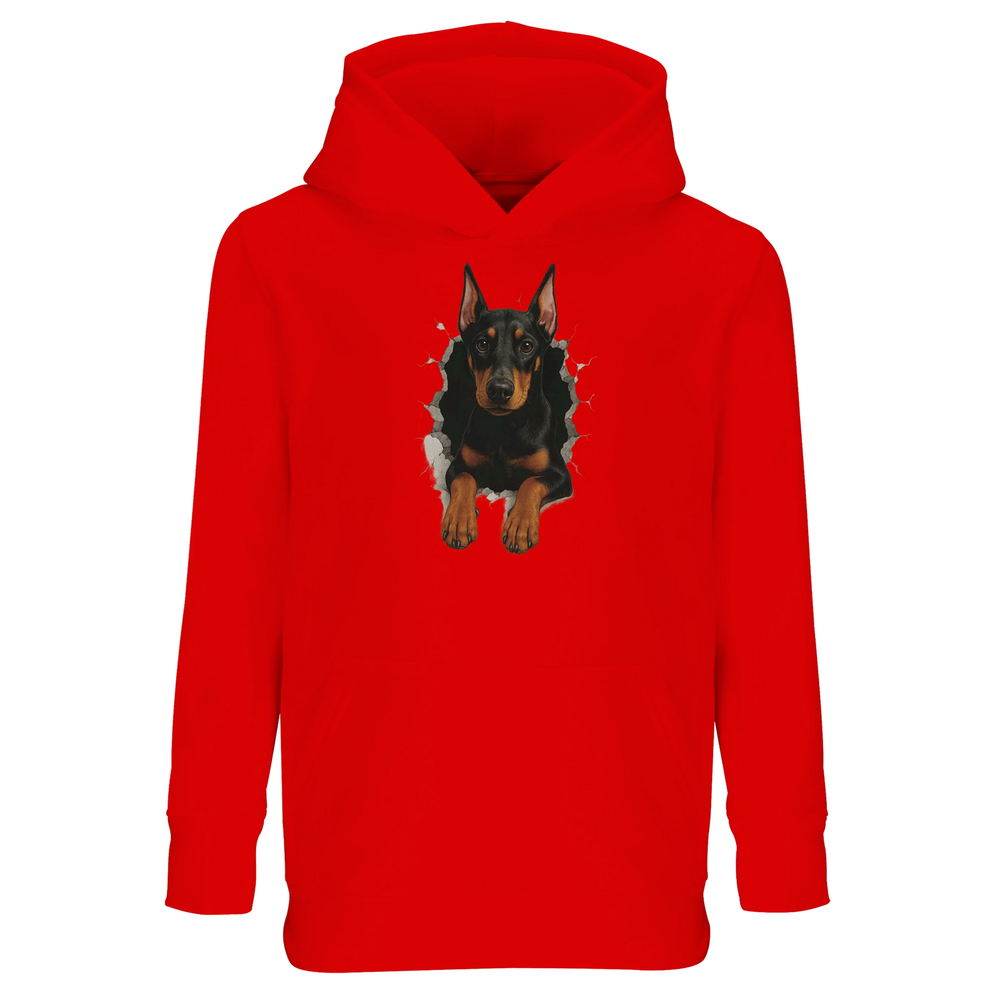 Sweat-shirt à capuche enfant rouge-Dobermann trou mur