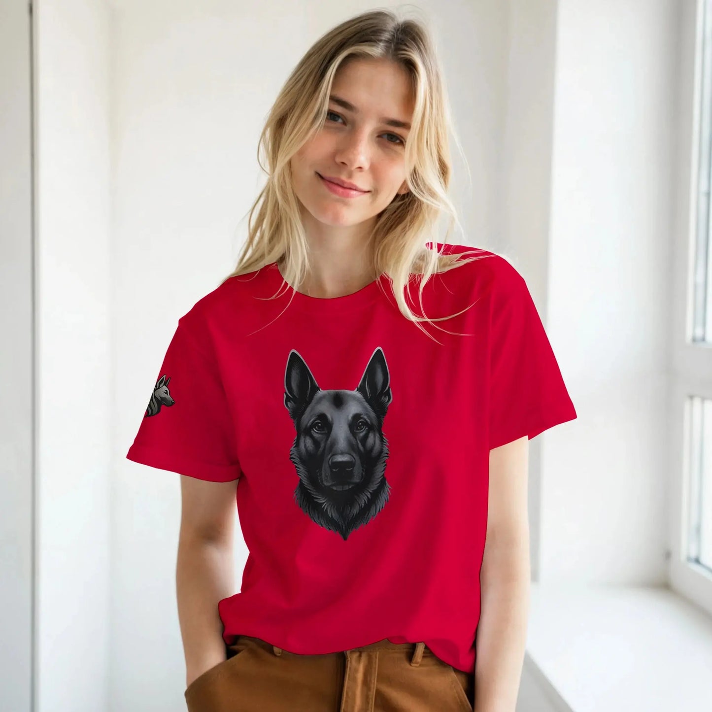 T-shirt adulte unisexe classique ras du cou rouge tête Malinois argenté