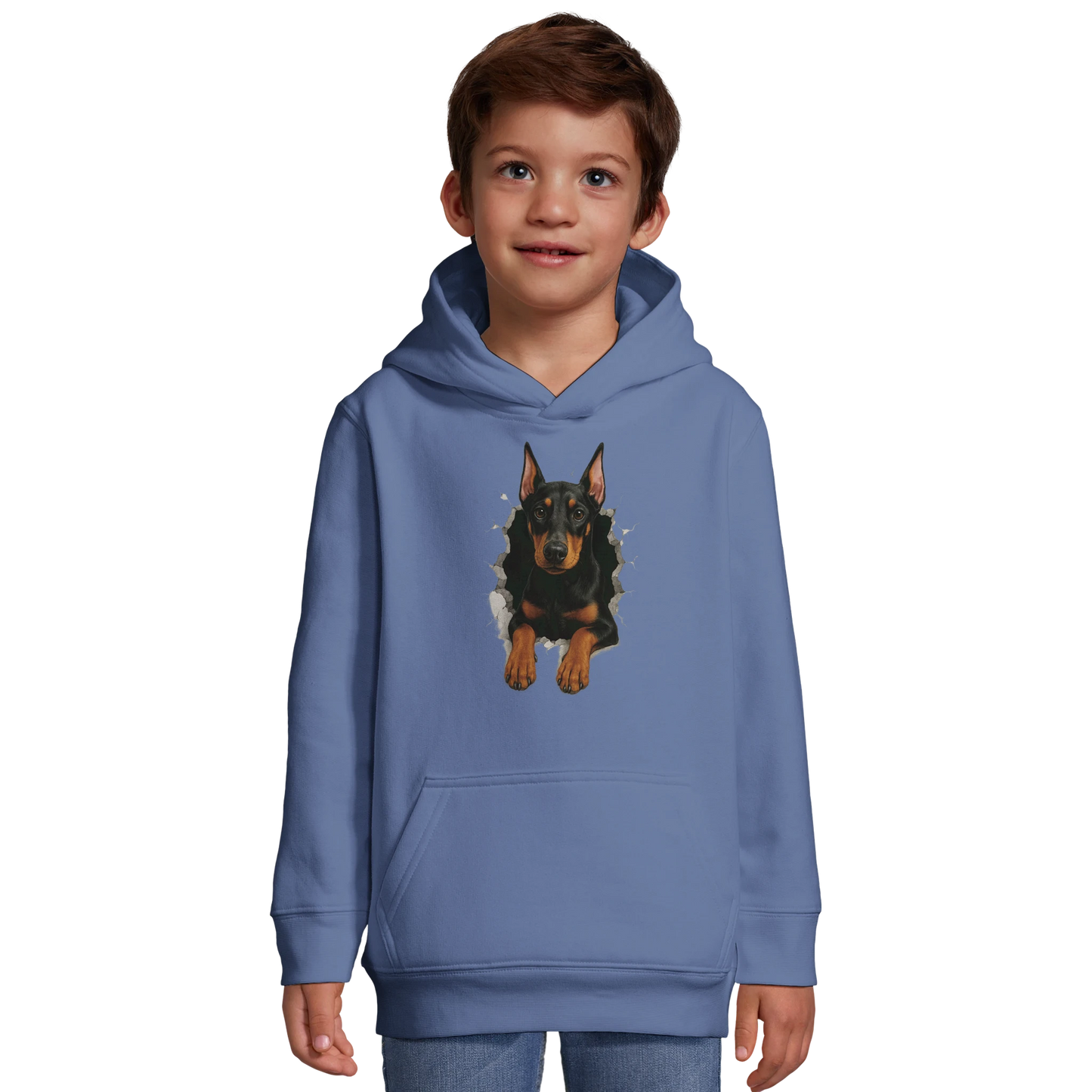 Sweat-shirt à capuche enfant bleu-Dobermann trou mur