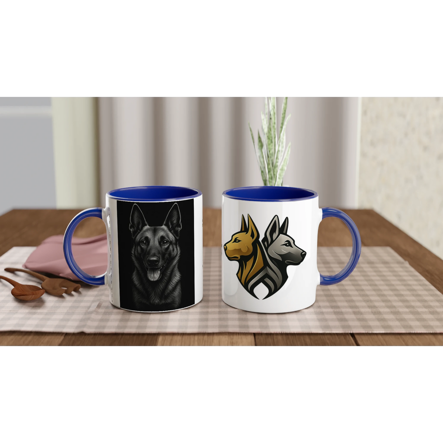 Mug céramique blanche 325 ml (11 oz) intérieur coloré bleu-tête Malinois fond noir