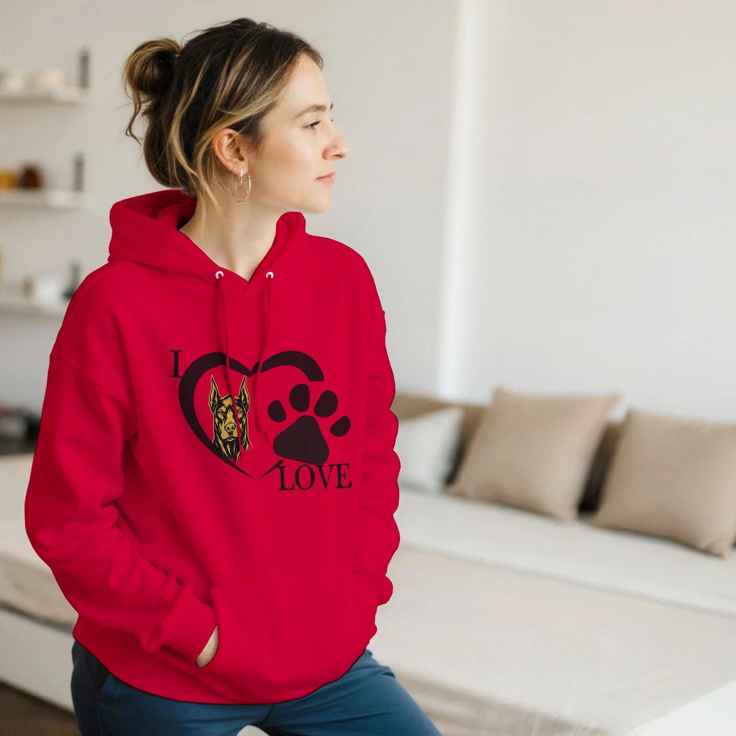 Sweat à capuche adulte unisexe classique rouge I love Dobermann