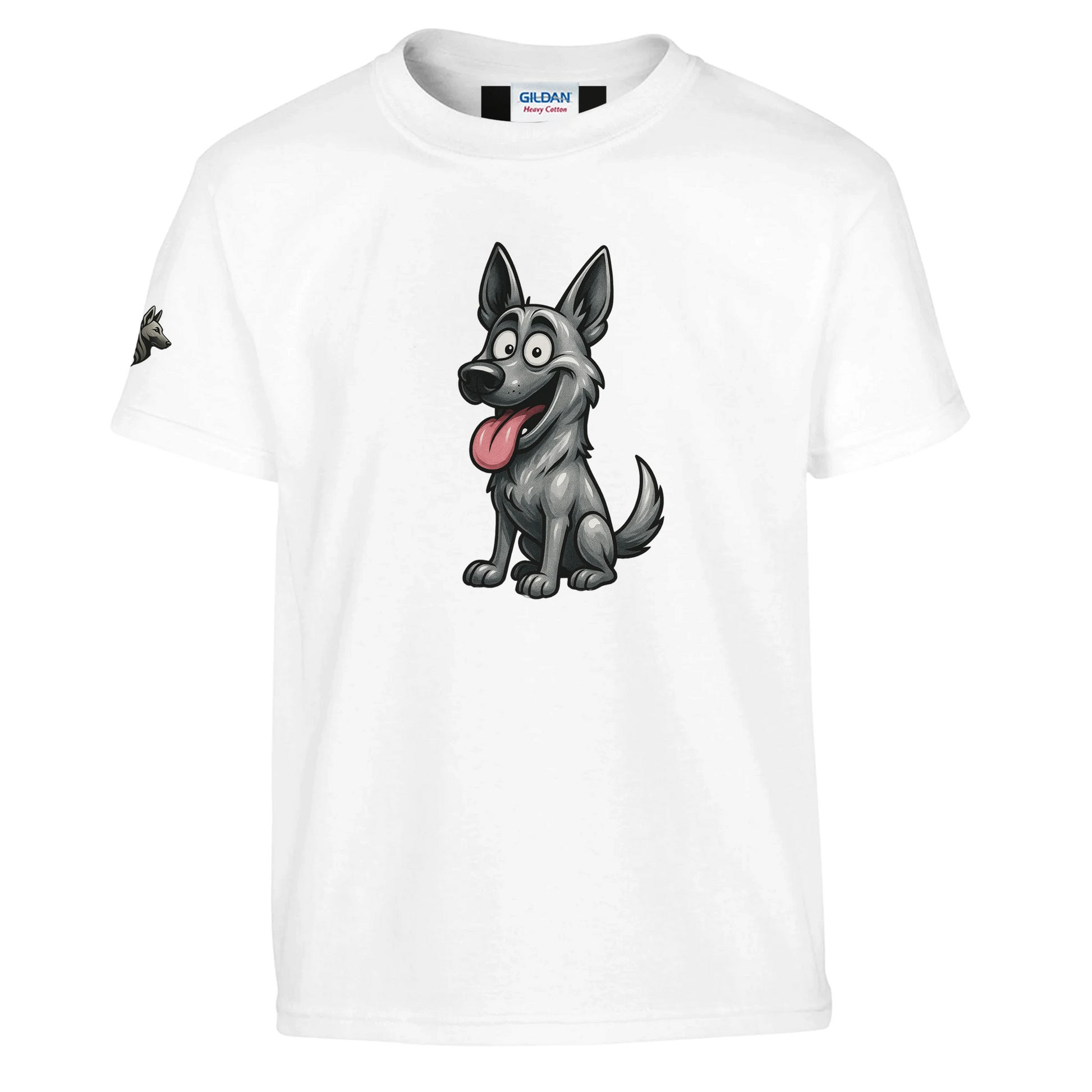 Marque MolossDesign | T-shirt enfant classique ras du cou Malinois humour1 avec logo sur manche droite MolossDesign