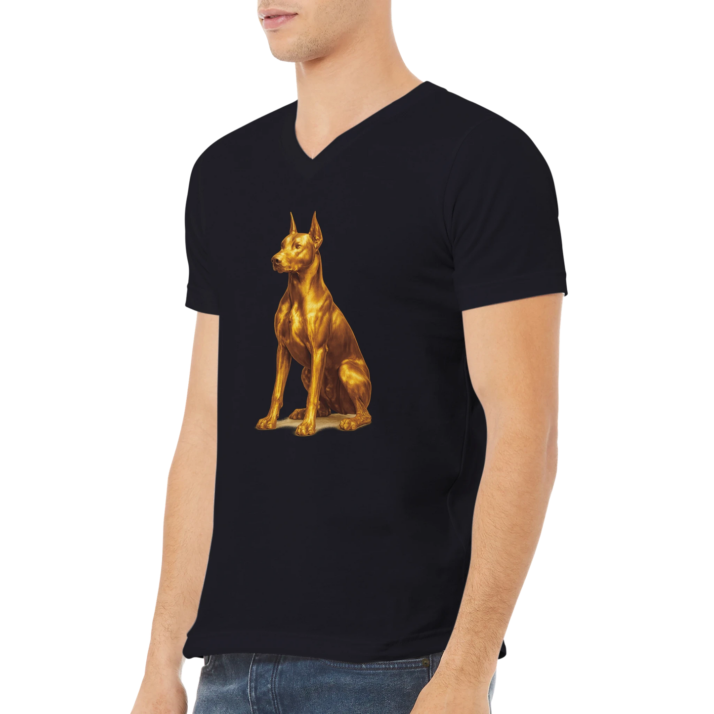 T-shirt unisexe premium col en V noir Dobermann doré assis