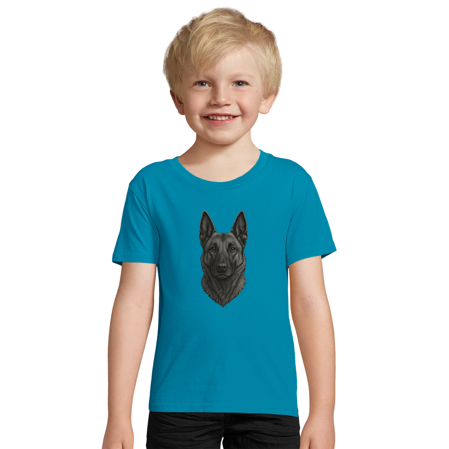 Marque MolossDesign | T-shirt enfant coton bio ajusté tête Malinois argentée1 avec logo sur le dos MolossDesign