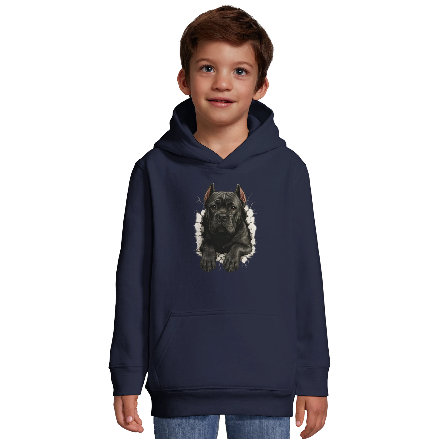 Sweat-shirt à capuche enfant bleu Cane Corso trou mur