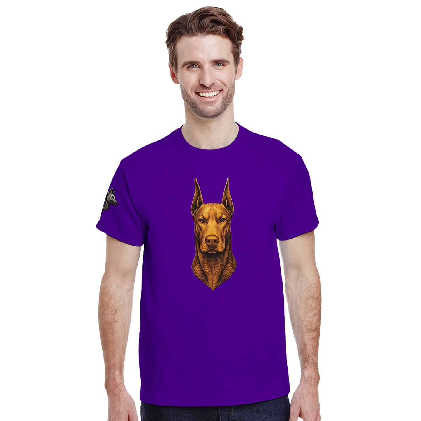 T-shirt adulte unisexe épais ras du cou violet tête face Dobermann dorée