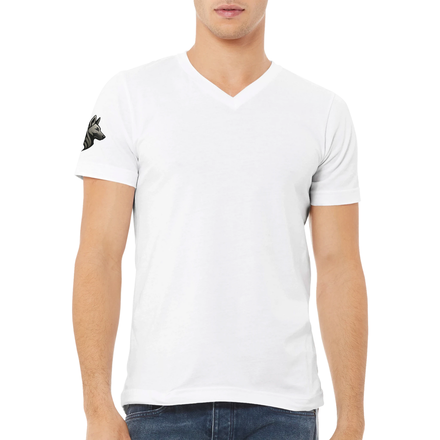 T-shirt unisexe premium uni col en V avec logo sur manche droite MolossDesign
