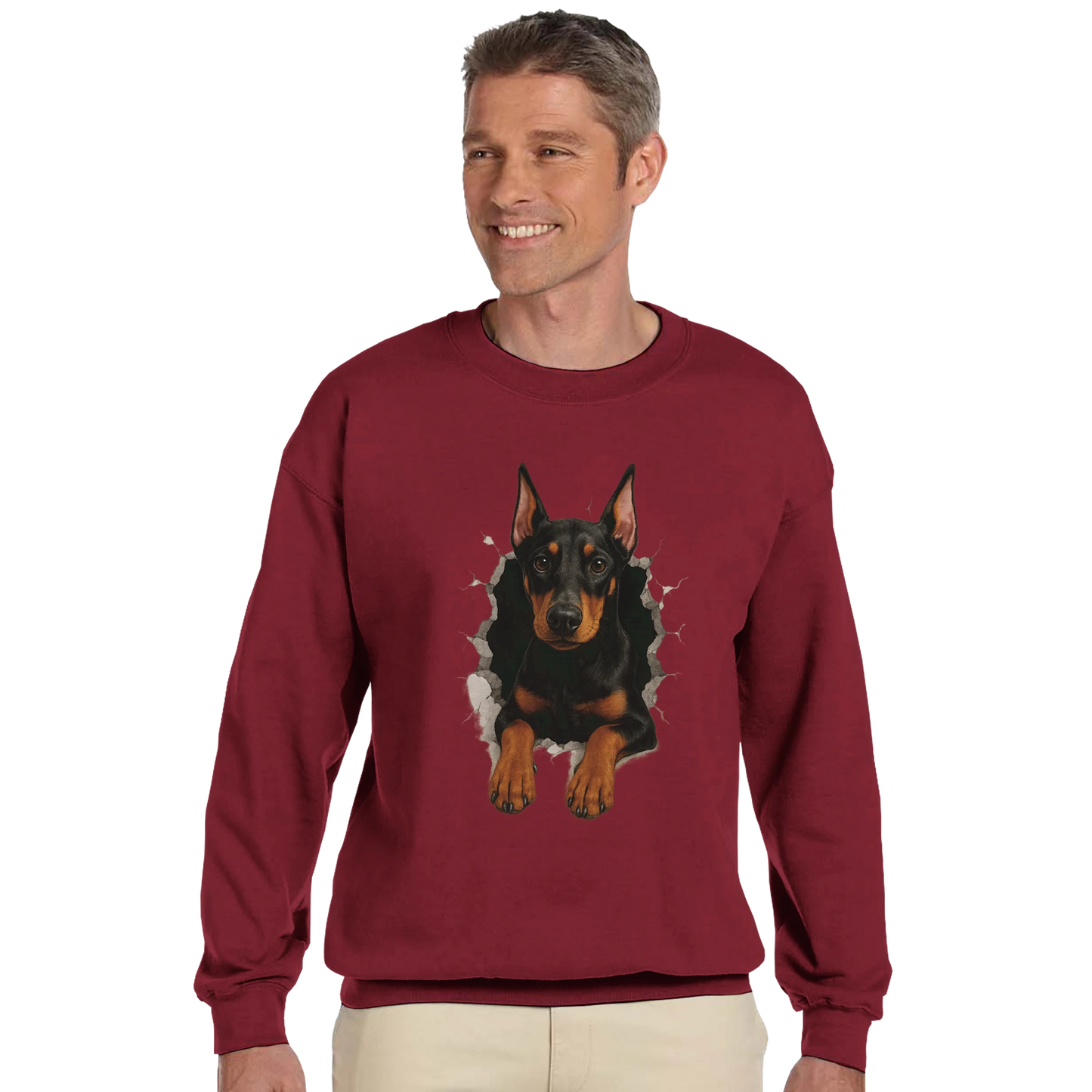 Sweat-shirt adulte unisexe classique ras du cou rouge Dobermann trou mur