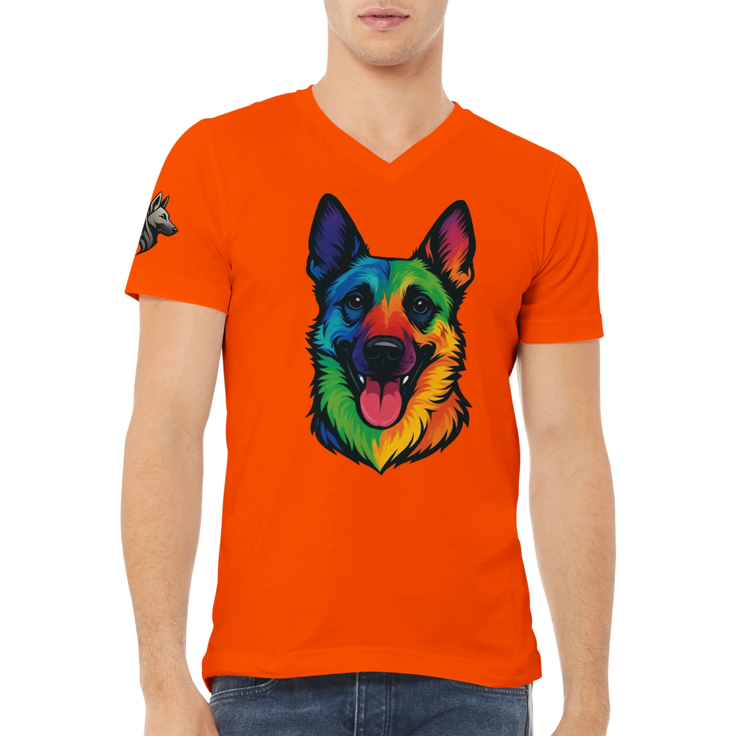 T-shirt adulte unisexe premium col en V orange tête Malinois arc en ciel