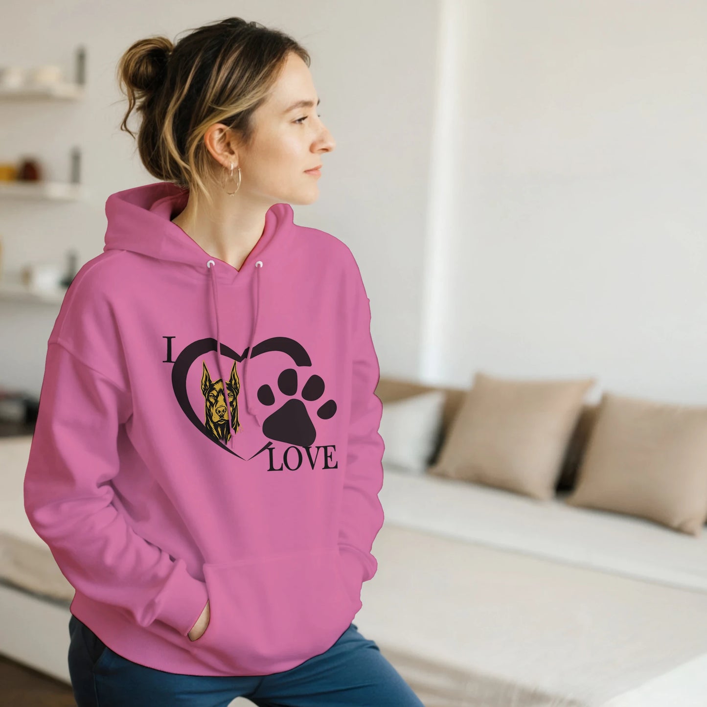 Sweat à capuche adulte unisexe classique rose I love Dobermann