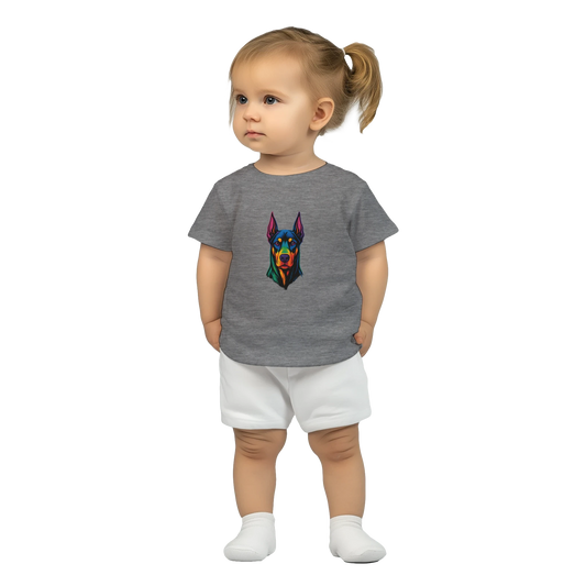 T-shirt bébé gris coton manches courtes Dobermann arc en ciel