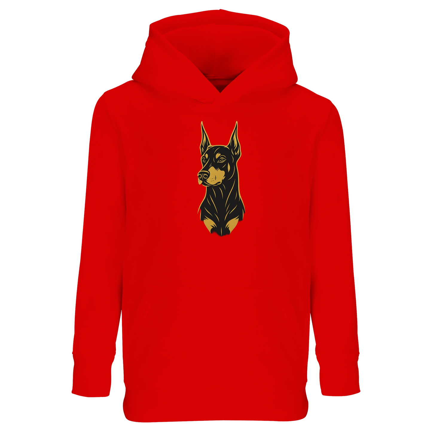 Sweat-shirt à capuche enfant rouge tête Dobermann dorée et noire
