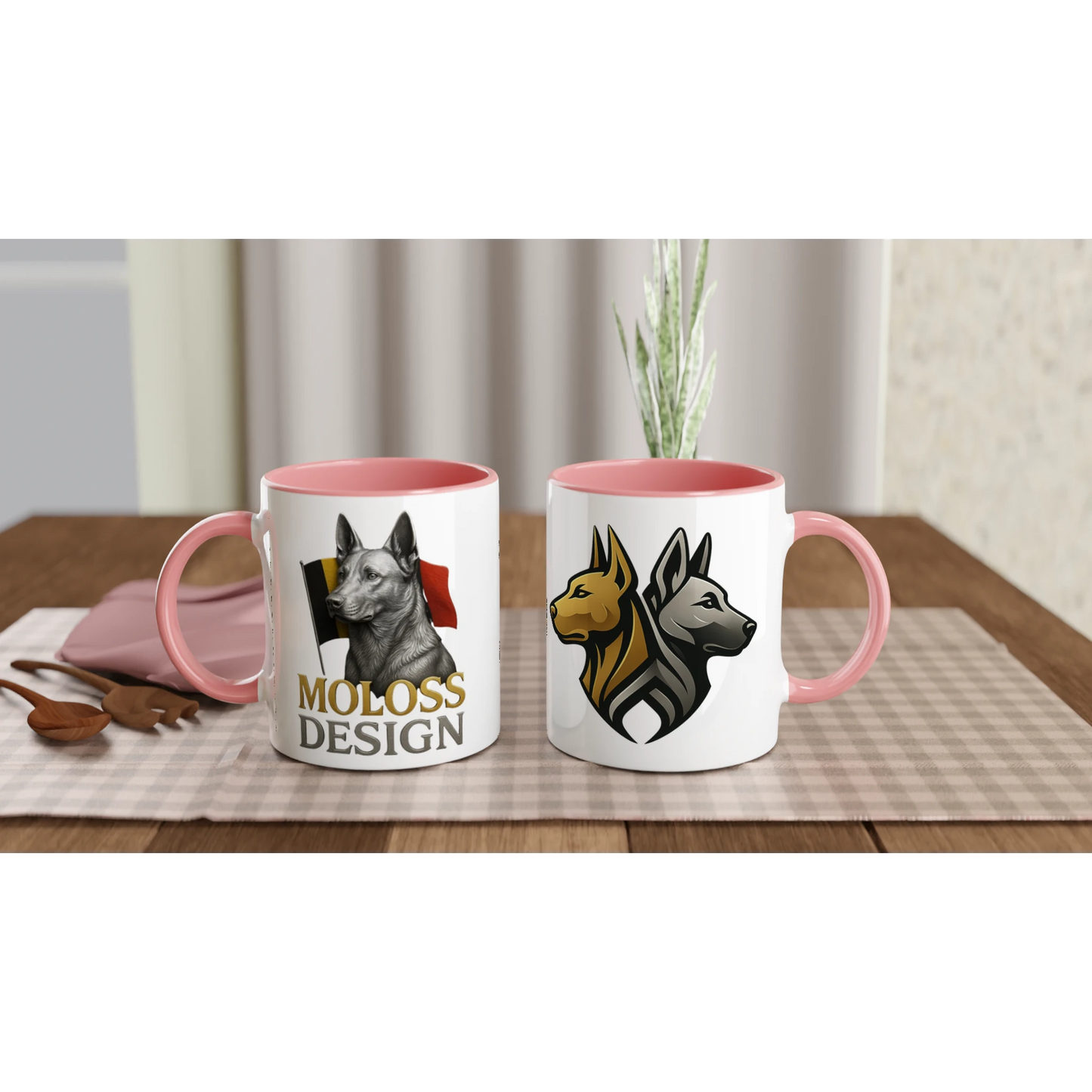 Mug en céramique blanche 325 ml (11 oz) avec intérieur coloré rose Malinois argenté drapeau belge