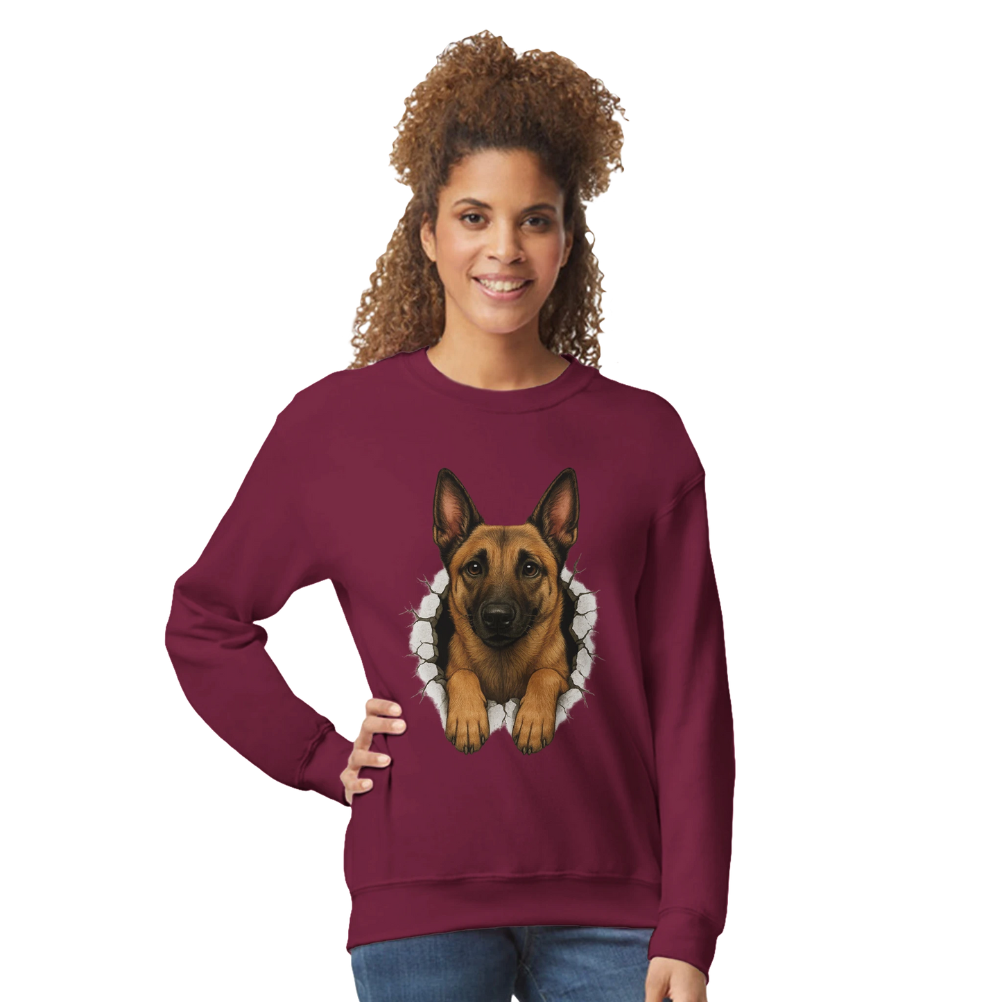 Sweat-shirt adulte unisexe classique ras du cou rouge Malinois trou mur