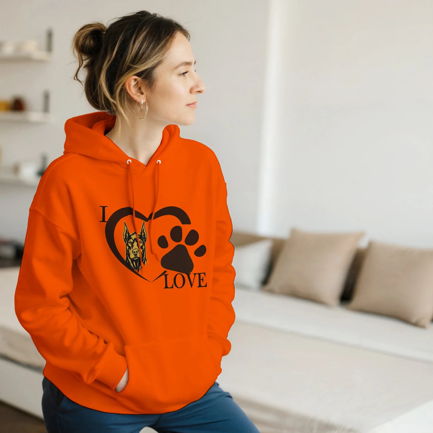 Sweat à capuche adulte unisexe classique orange I love Dobermann