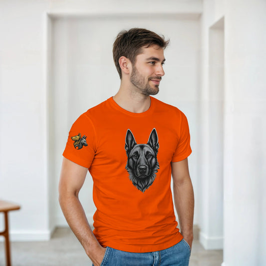 T-shirt adulte unisexe épais ras du cou orange tête Malinois argentée