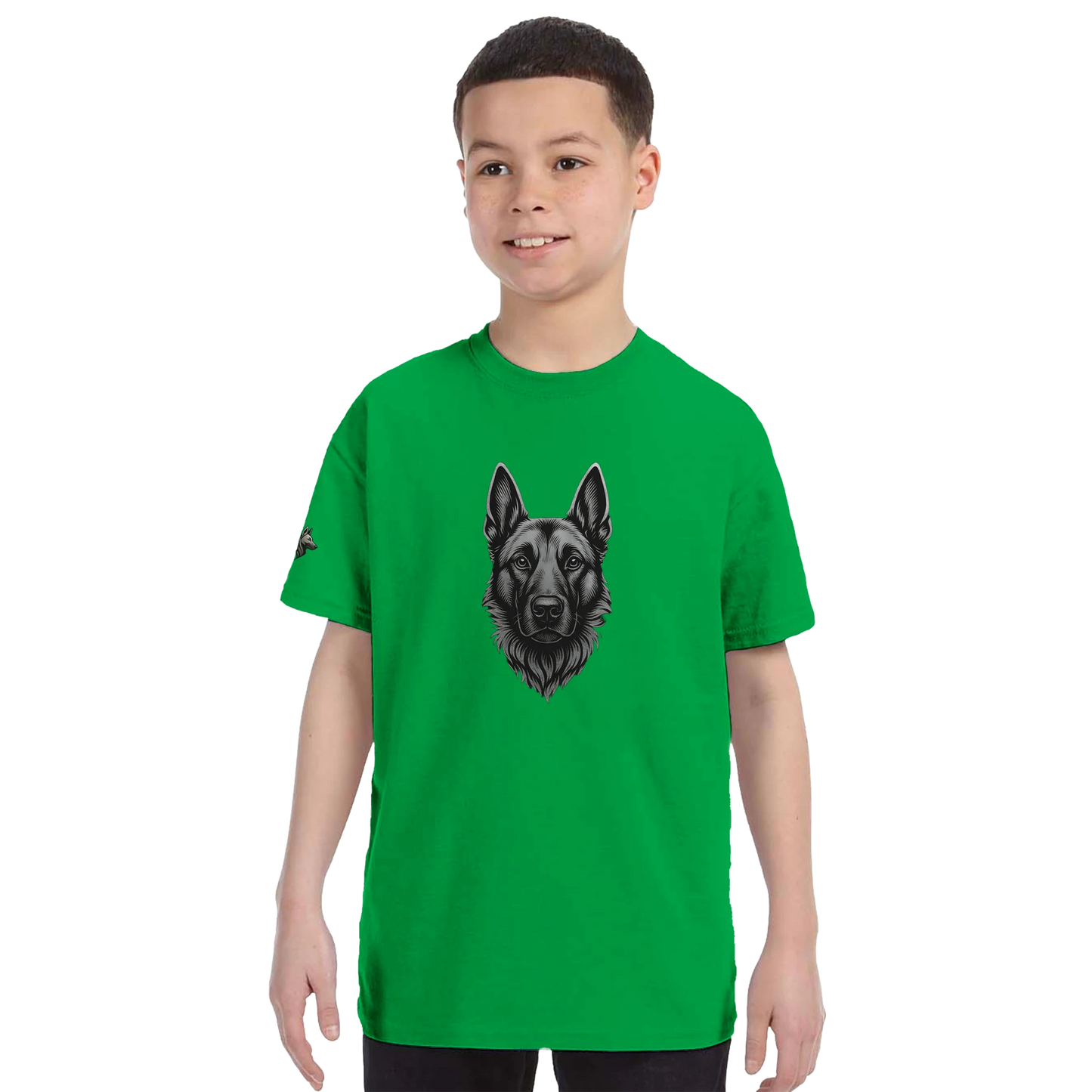 T-shirt enfant classique ras du cou tête Malinois argentée avec logo sur la manche droite MolossDesign