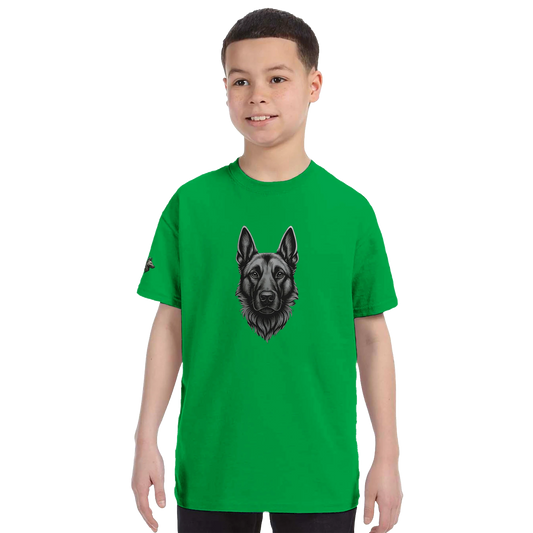 T-shirt enfant classique ras du cou tête Malinois argentée avec logo sur la manche droite MolossDesign
