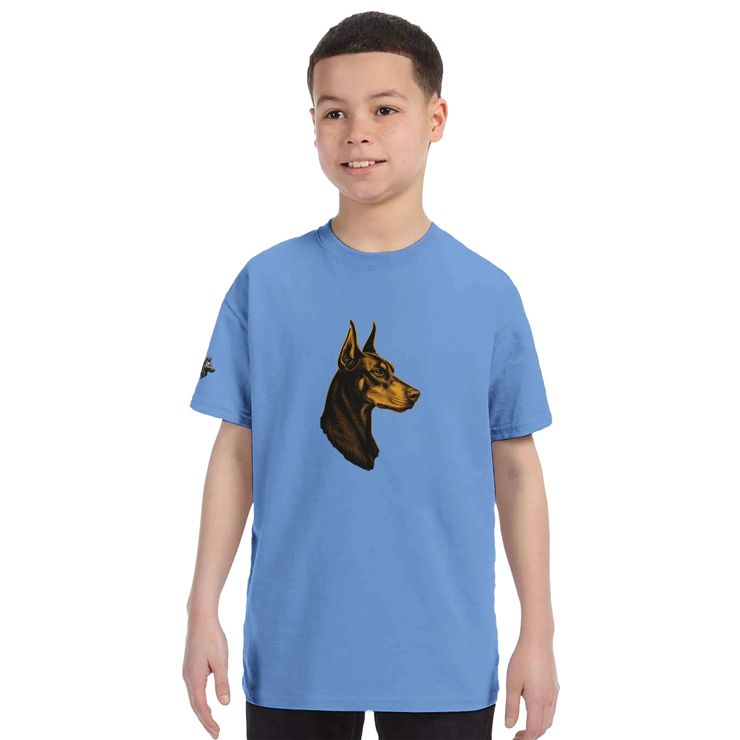 T-shirt enfant classique ras du cou tête profil Dobermann dorée avec logo sur la manche MolossDesign
