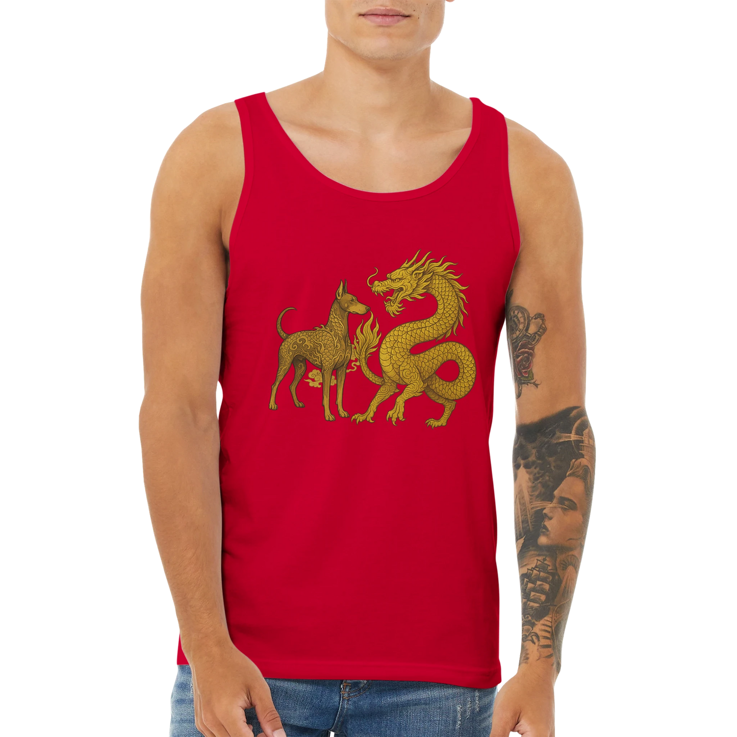 Débardeur adulte unisexe premium rouge Dobermann+Dragon