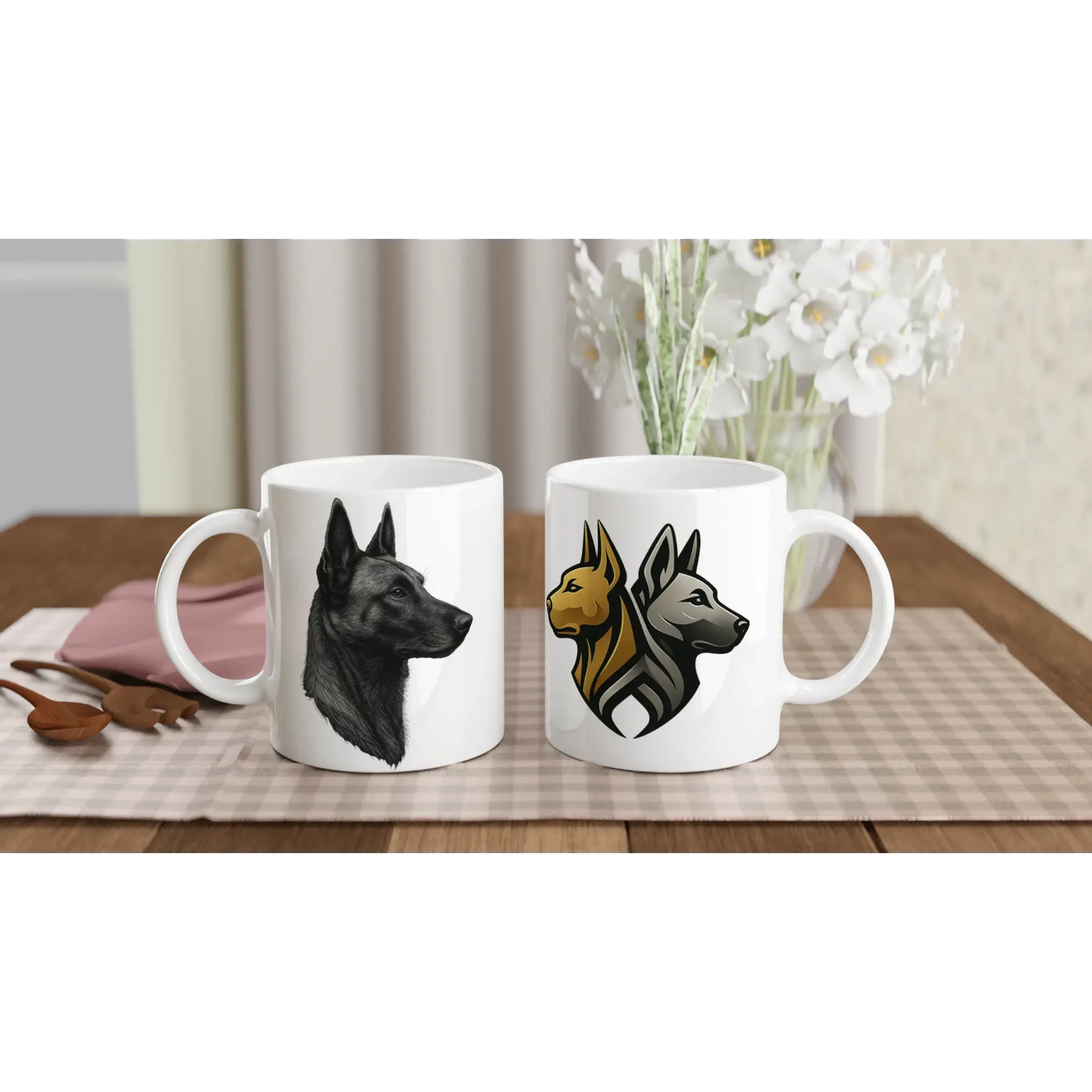 Mug céramique blanche 325 ml (11 oz) tête Malinois argentée