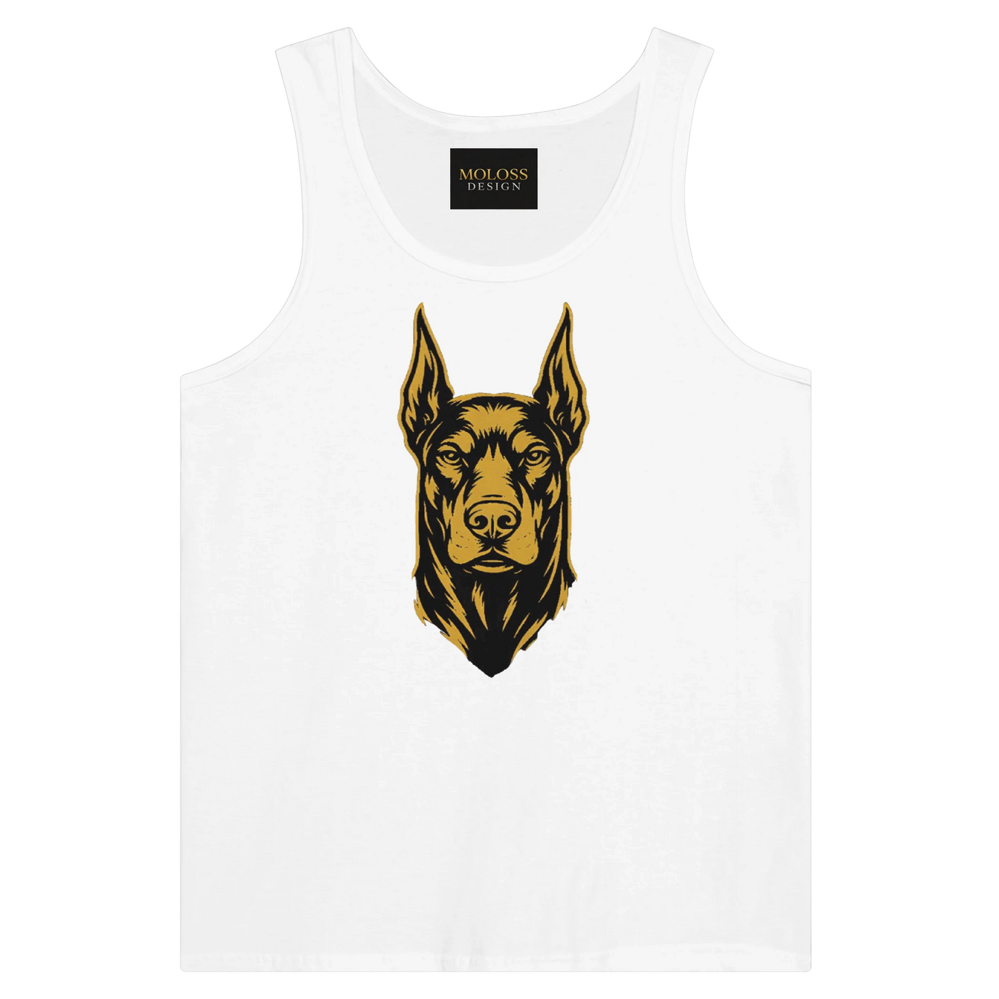 Débardeur adulte unisexe premium blanc tête Dobermann noir doré