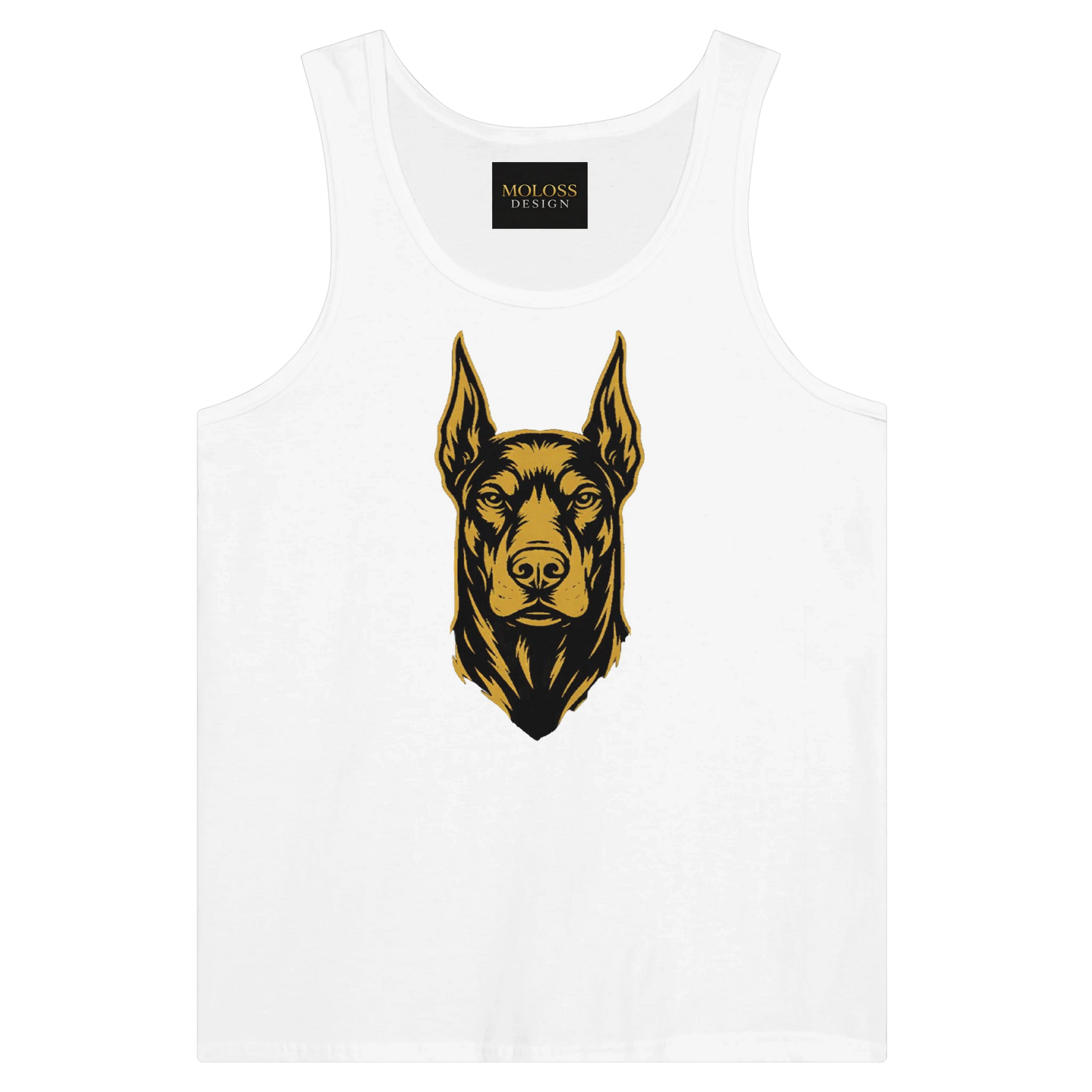 Débardeur adulte unisexe premium blanc tête Dobermann noir doré