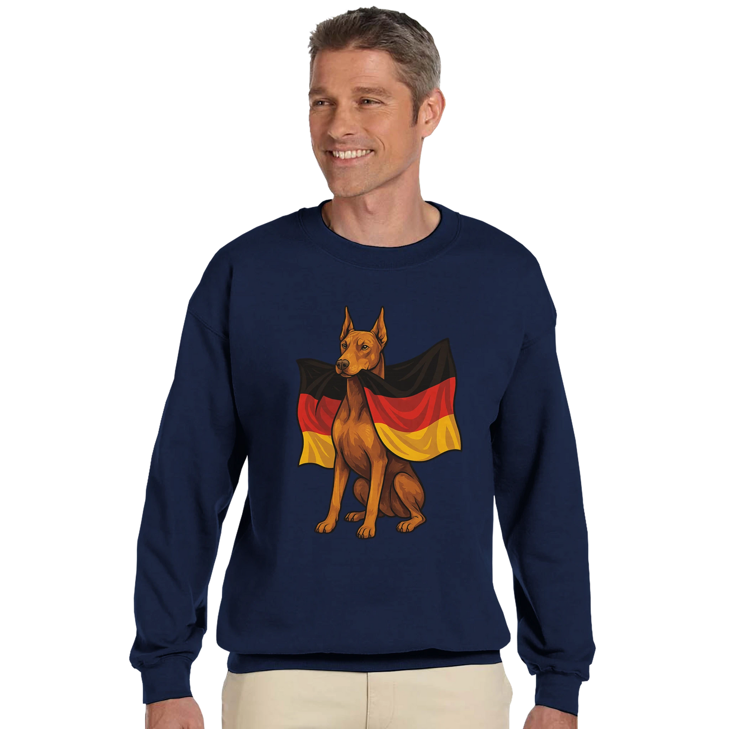 Sweat-shirt adulte unisexe classique ras du cou bleu Dobermann+drapeau