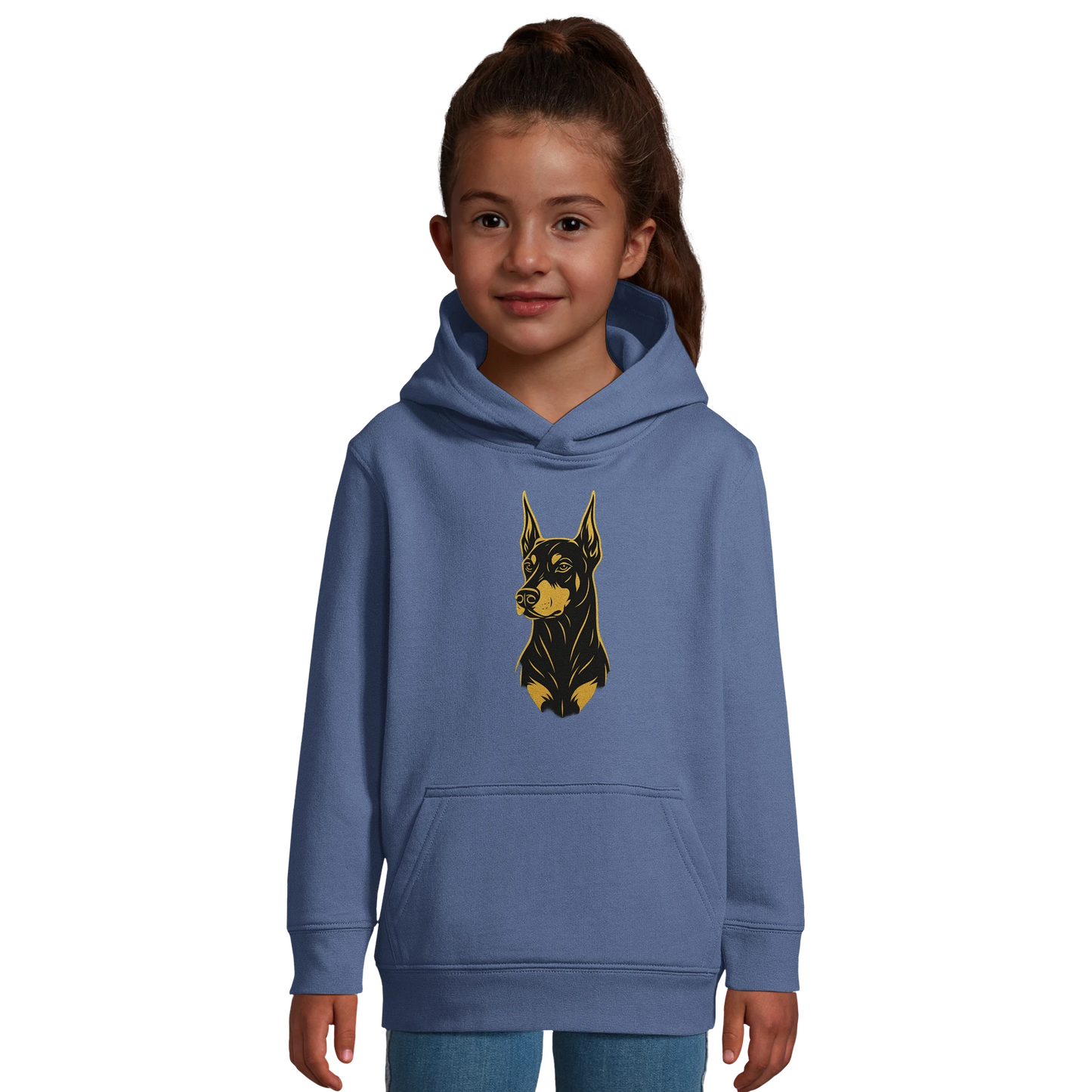 Sweat-shirt à capuche enfant bleu tête Dobermann dorée et noire