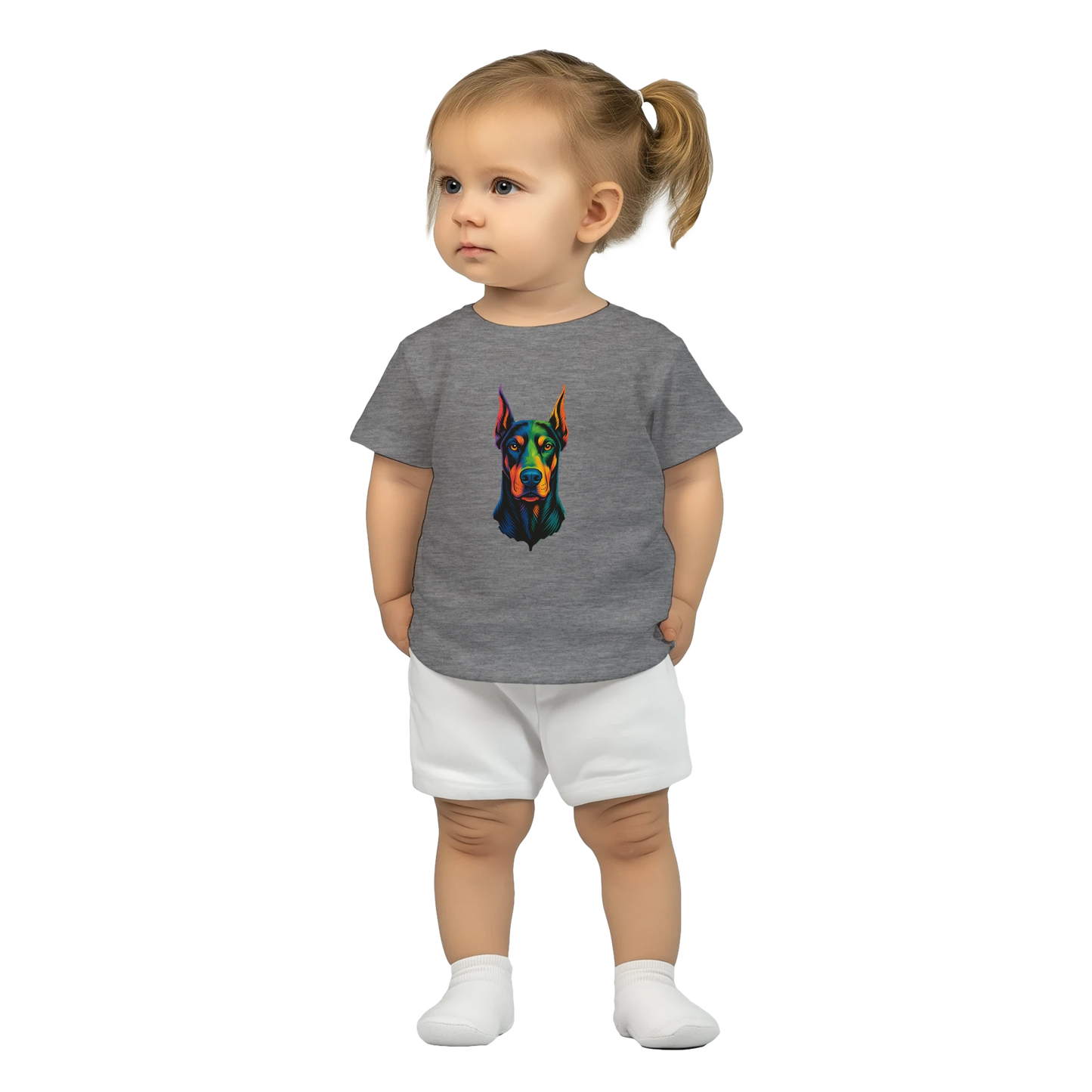 T-shirt bébé gris coton manches courtes Dobermann arc en ciel