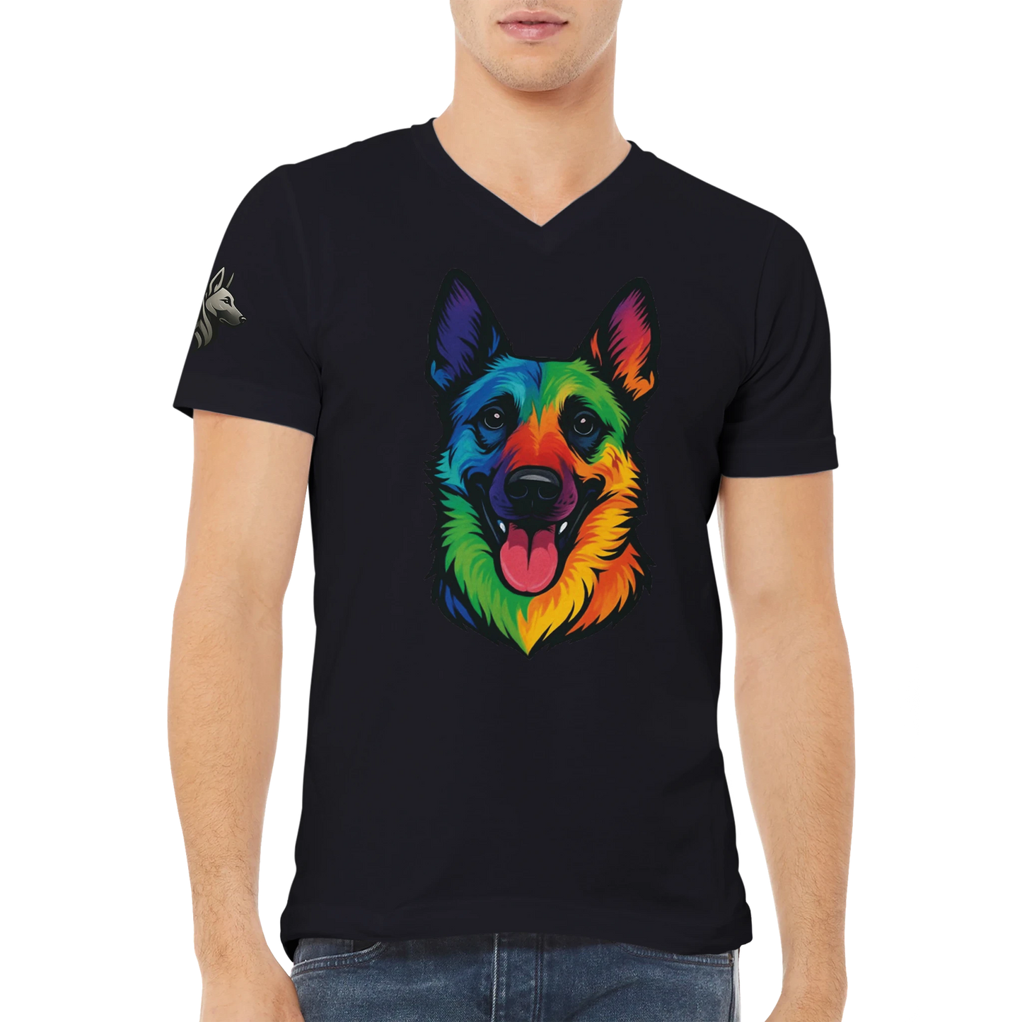 T-shirt adulte unisexe premium col en V noir tête Malinois arc en ciel