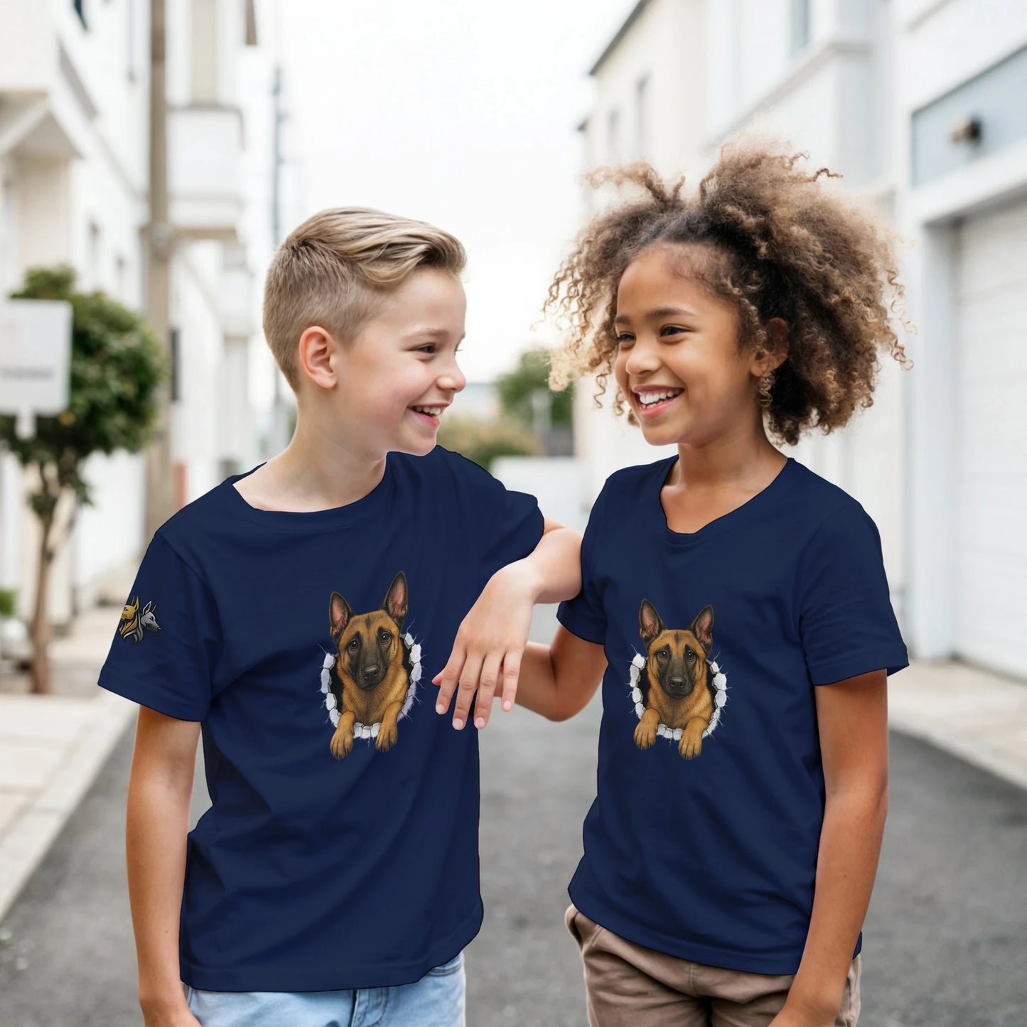 T-shirt enfant classique bleu Malinois trou mur