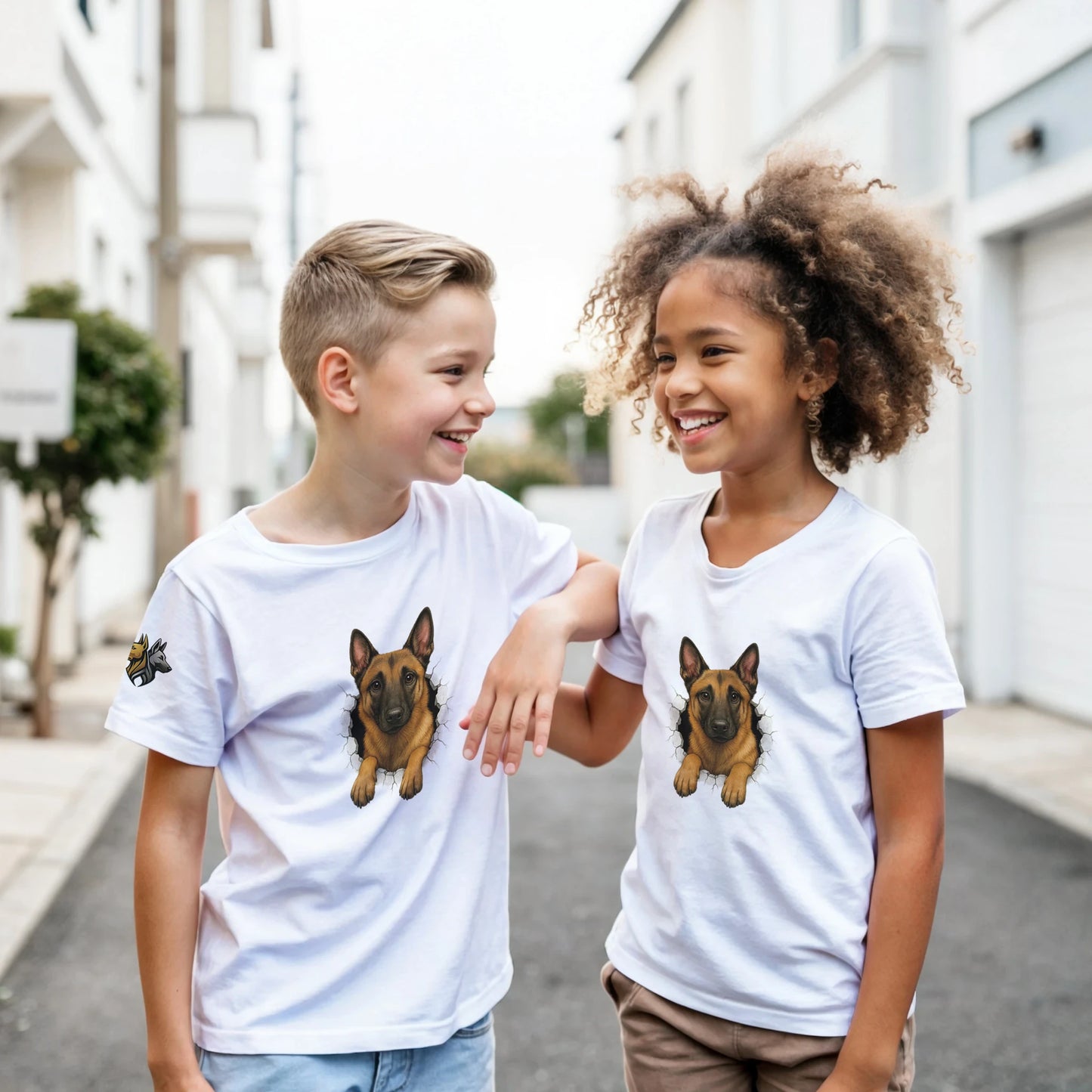 T-shirt enfant classique blanc Malinois trou mur