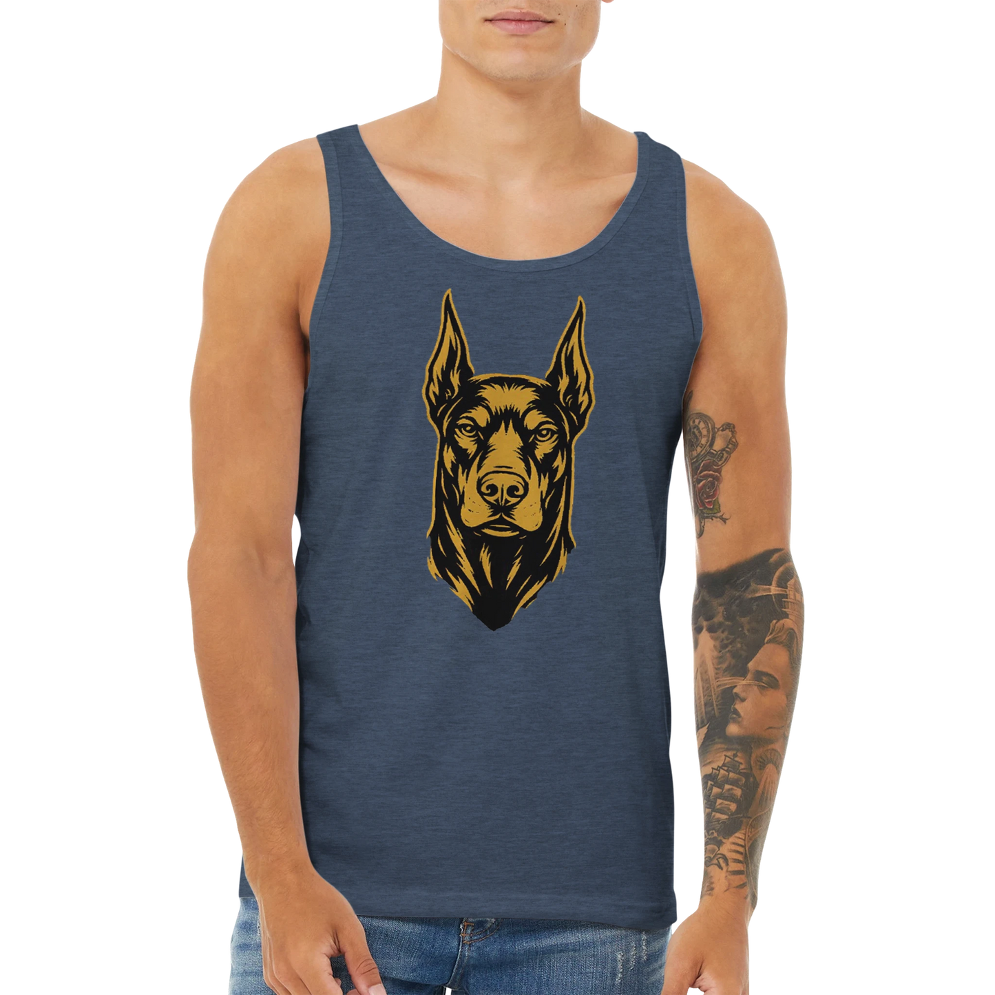 Débardeur adulte unisexe premium bleu chiné tête Dobermann noir doré