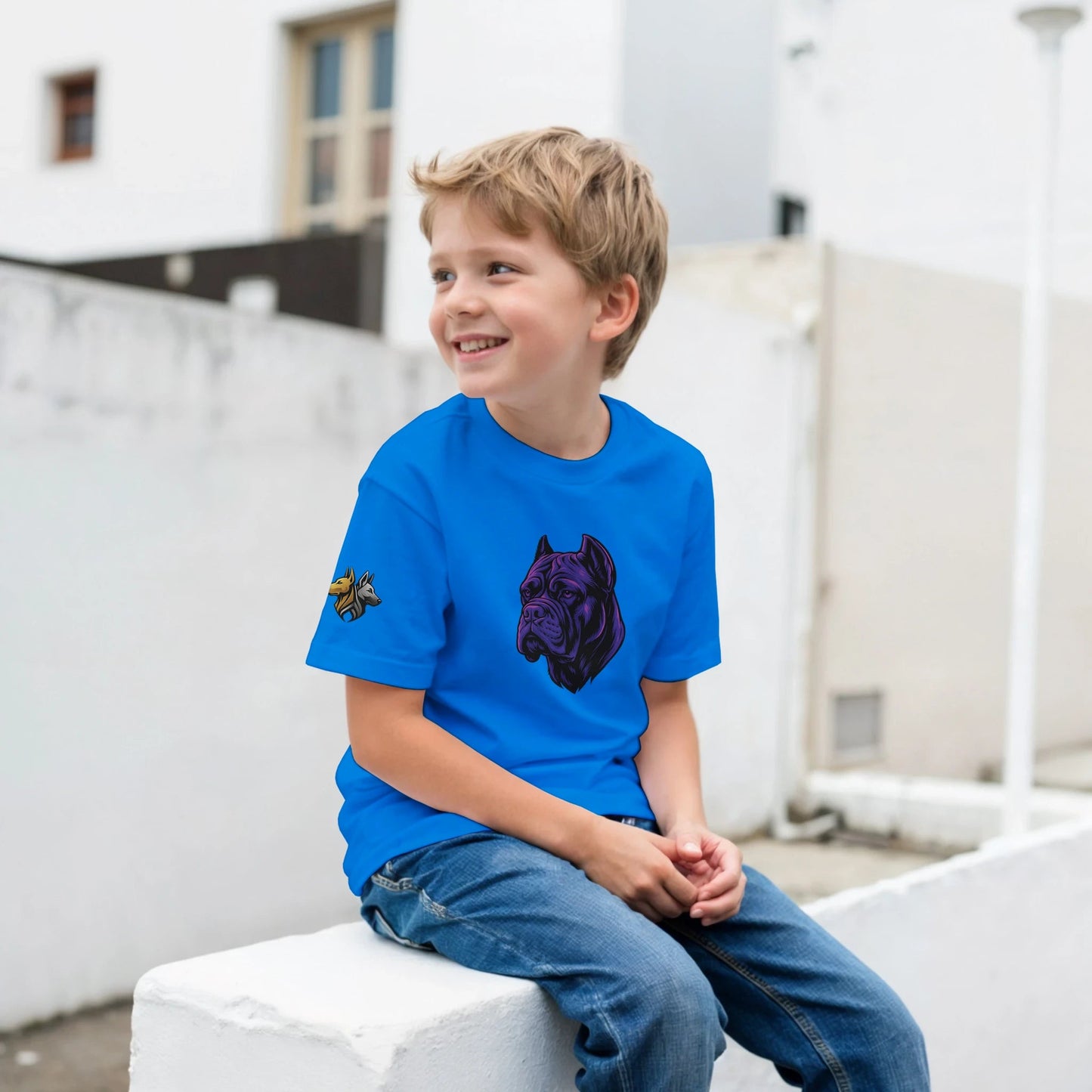 T-shirt enfant classique ras du cou tête Cane Corso 1 avec logo sur manche droite MolossDesign