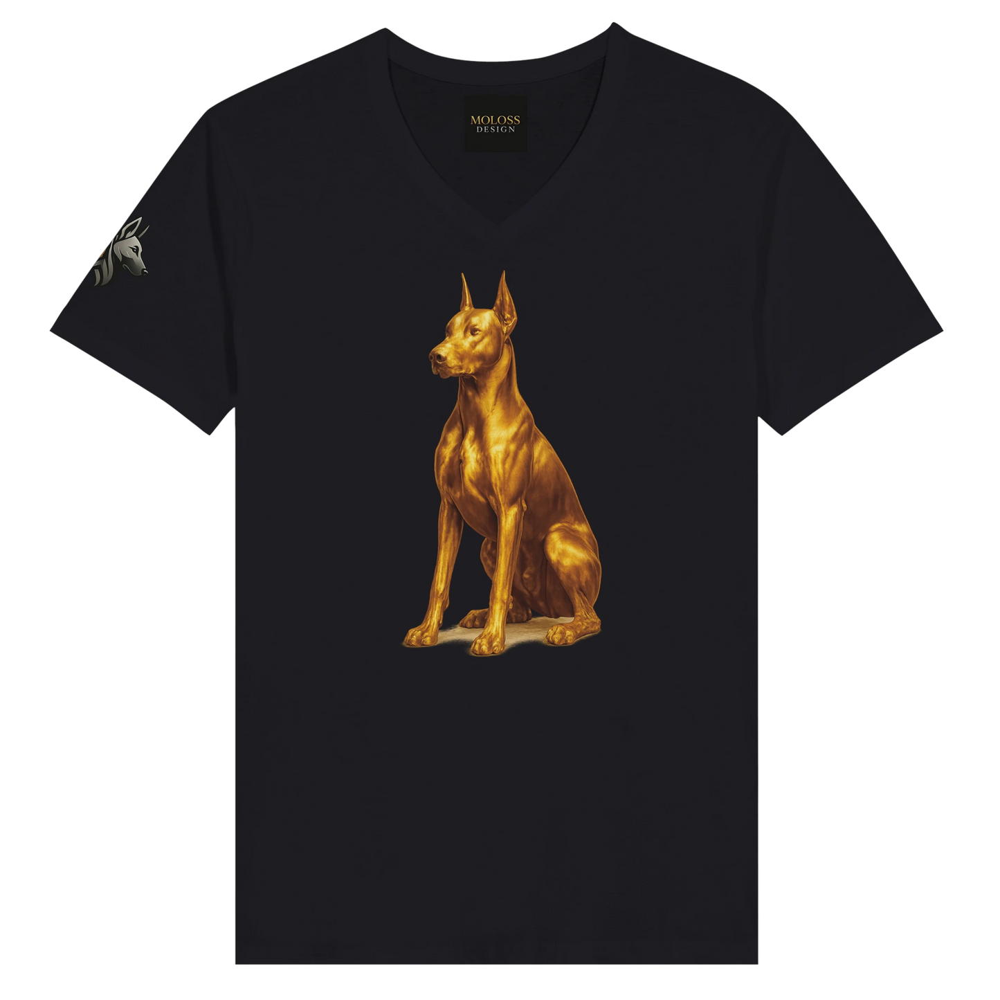 T-shirt unisexe premium col en V noir Dobermann doré assis
