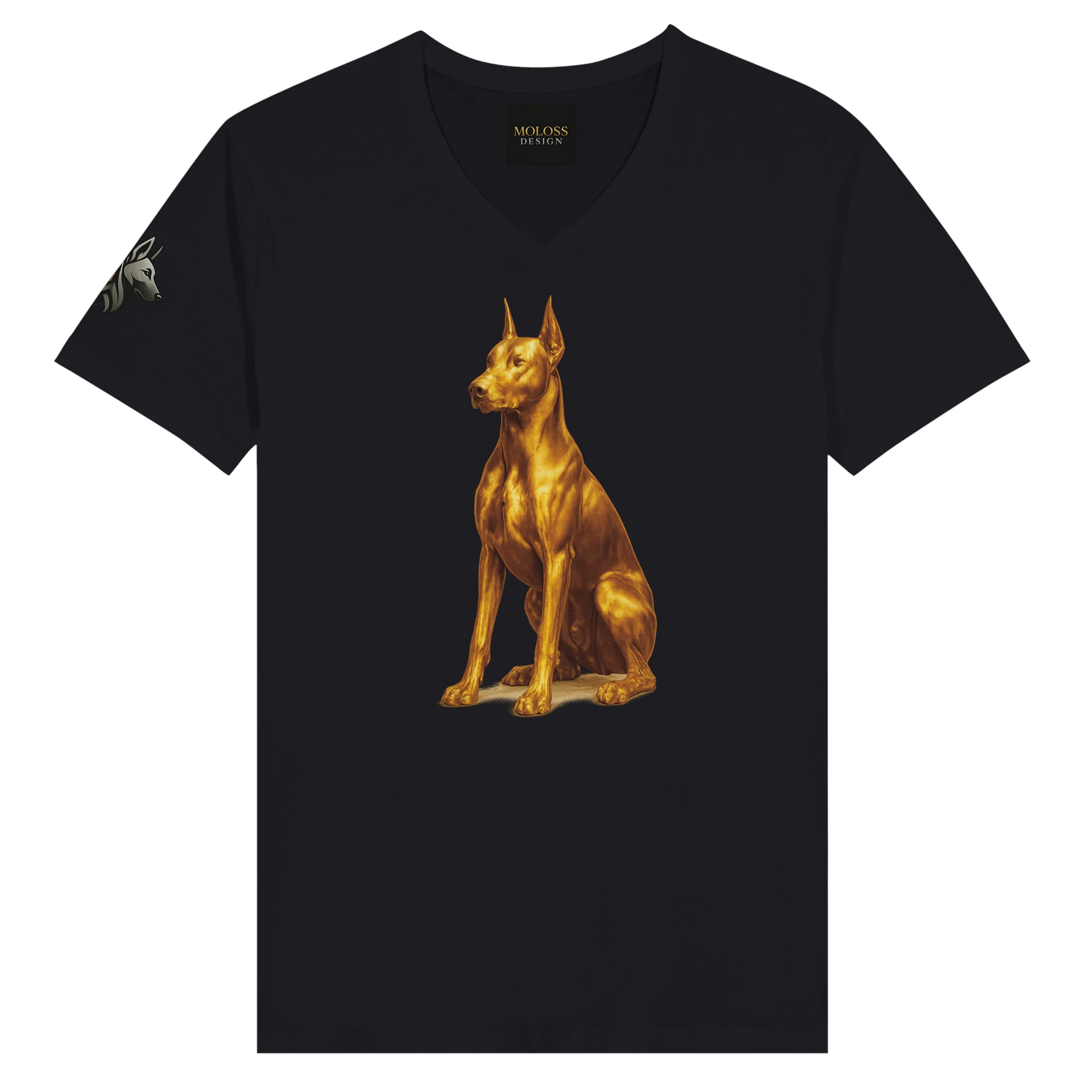T-shirt unisexe premium col en V noir Dobermann doré assis