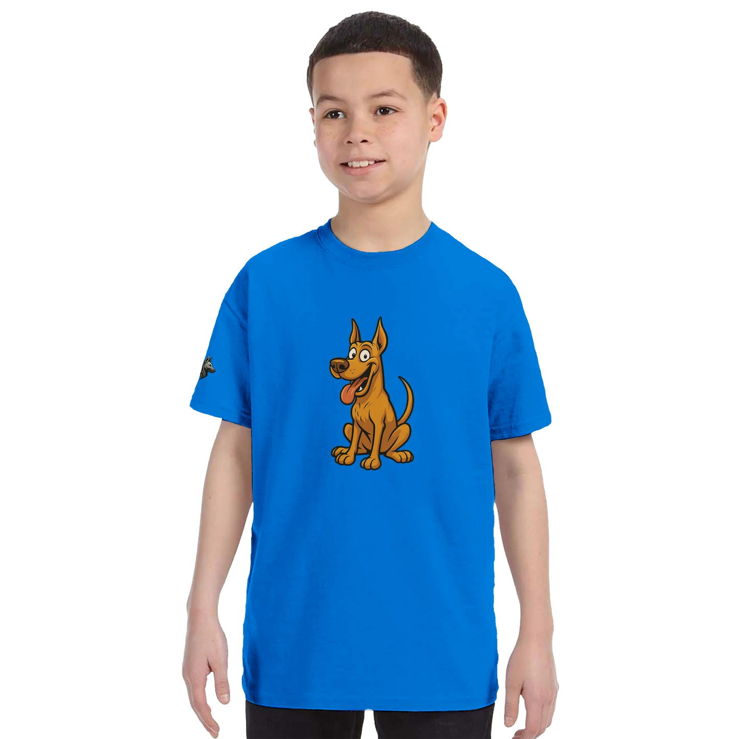 T-shirt enfant classique ras du cou Dobermann humour2 avec logo sur manche droite MolossDesign
