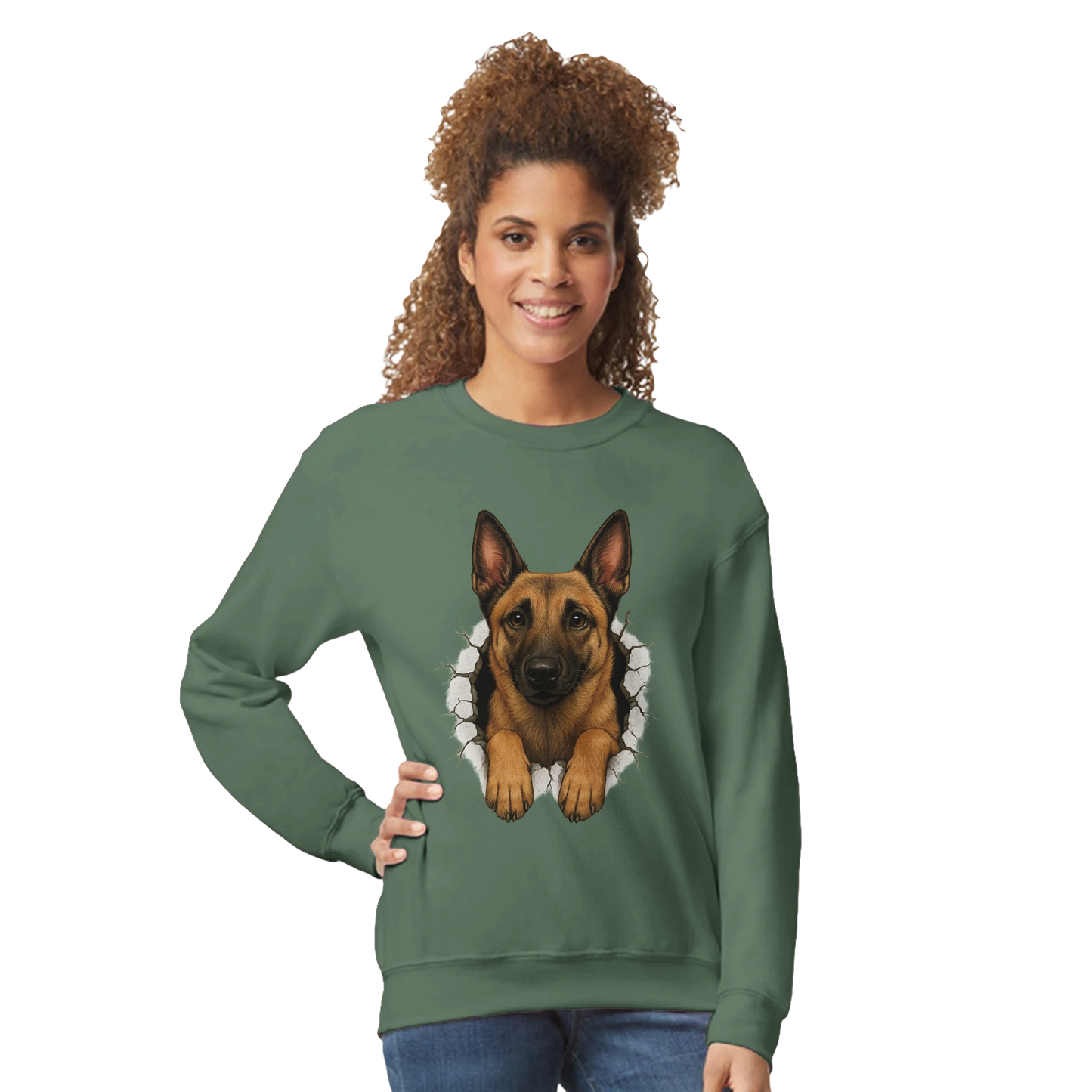 Sweat-shirt adulte unisexe classique ras du cou vert Malinois trou mur