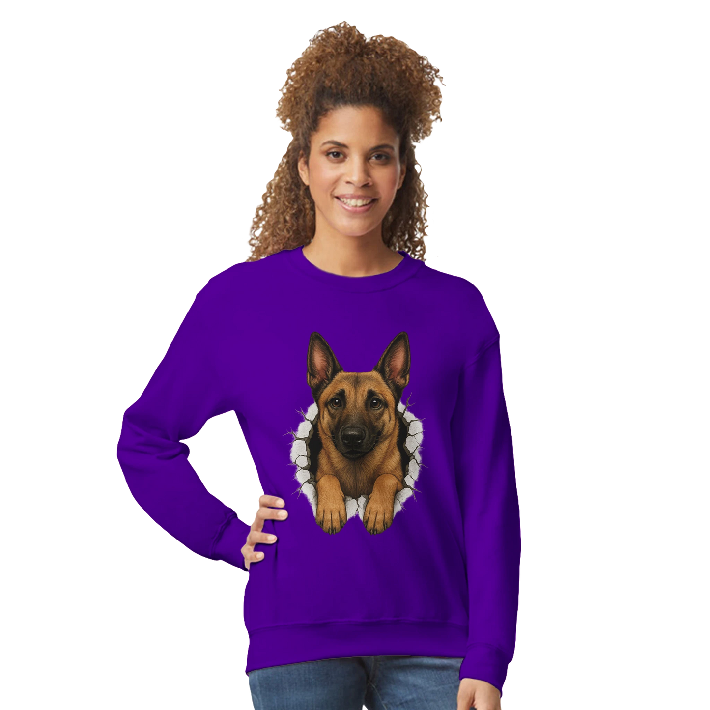 Sweat-shirt adulte unisexe classique ras du cou violet Malinois trou mur
