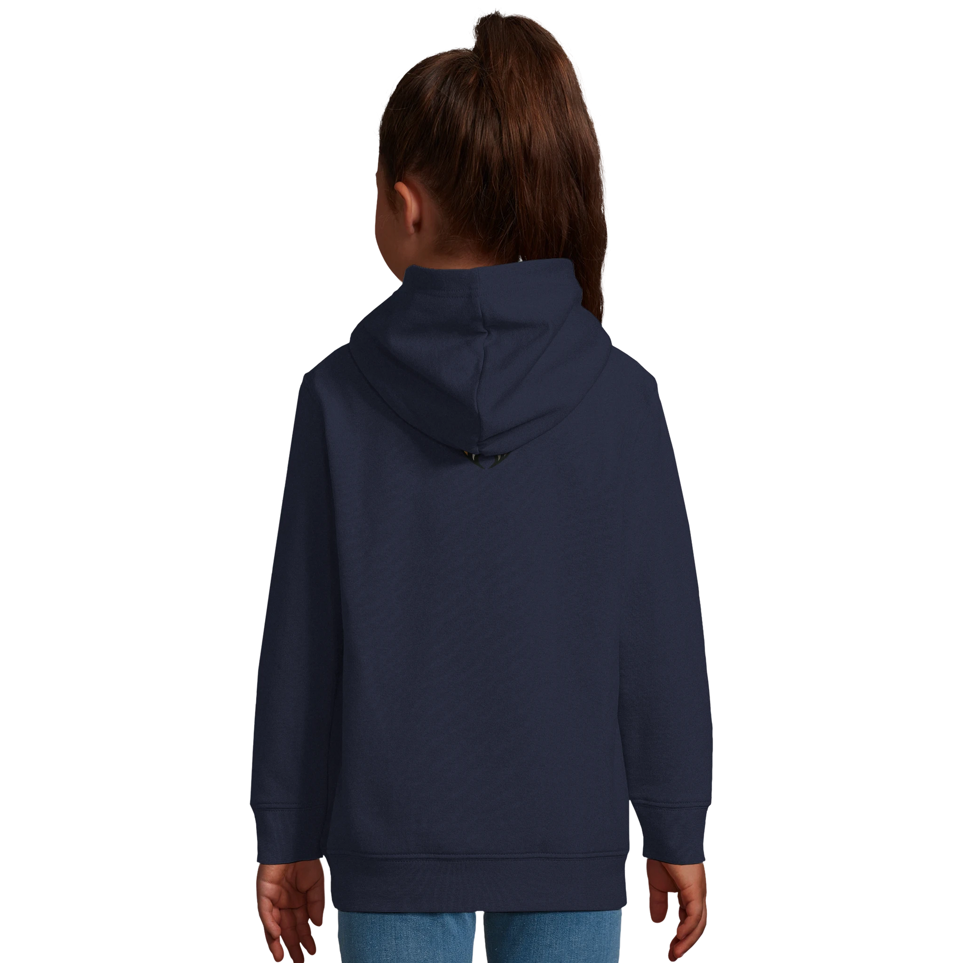 Marque MolossDesign | Sweat-shirt à capuche enfant mélange recyclé Dobermann doré assis1 avec logo sur le dos MolossDesign