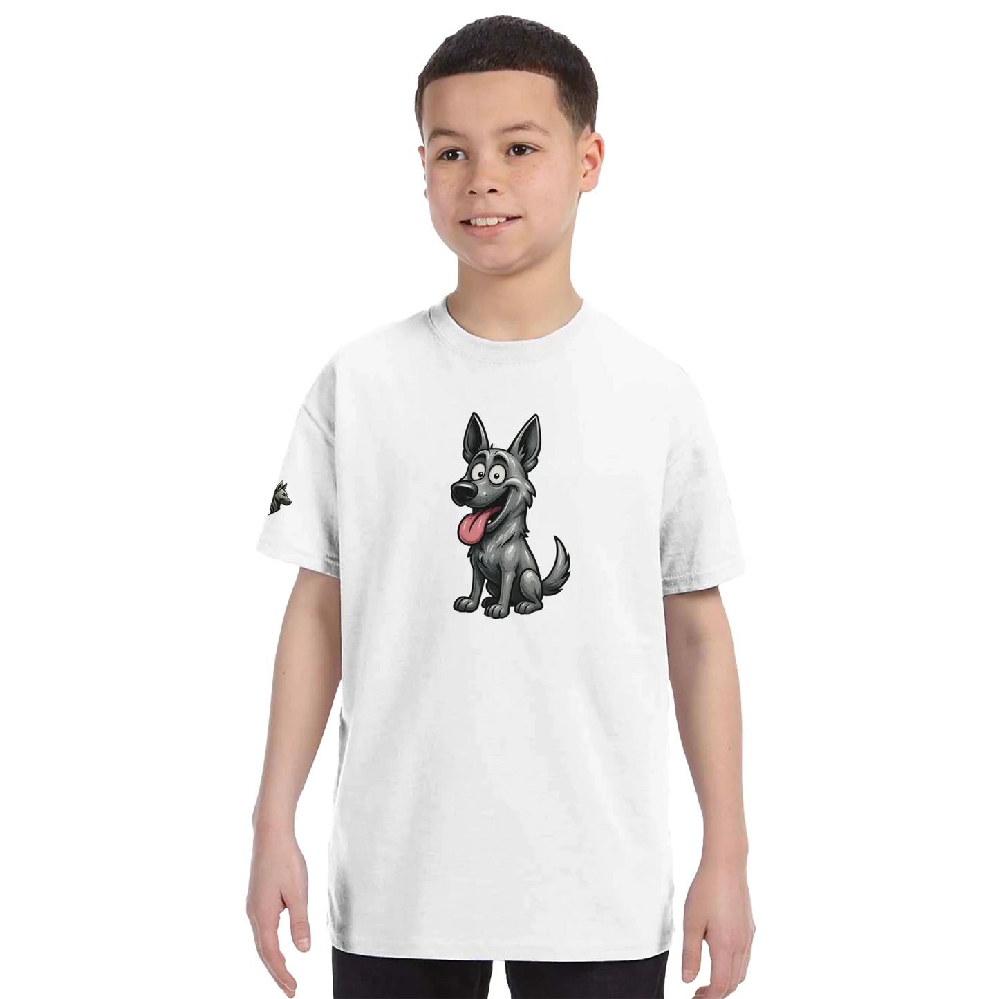 Marque MolossDesign | T-shirt enfant classique ras du cou Malinois humour1 avec logo sur manche droite MolossDesign