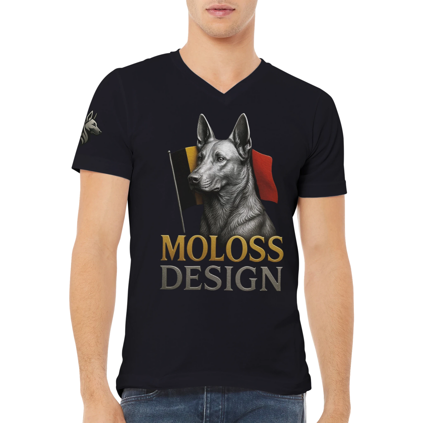 T-shirt adulte unisexe premium col en V noir Malinois+drapeau