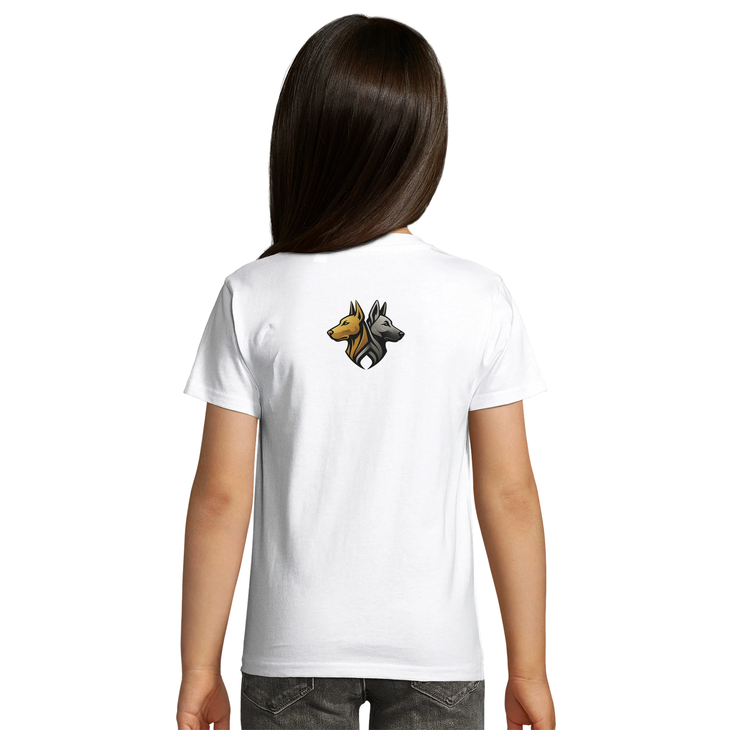 Marque MolossDesign | T-shirt enfant coton bio ajusté tête Malinois argentée1 avec logo sur le dos MolossDesign